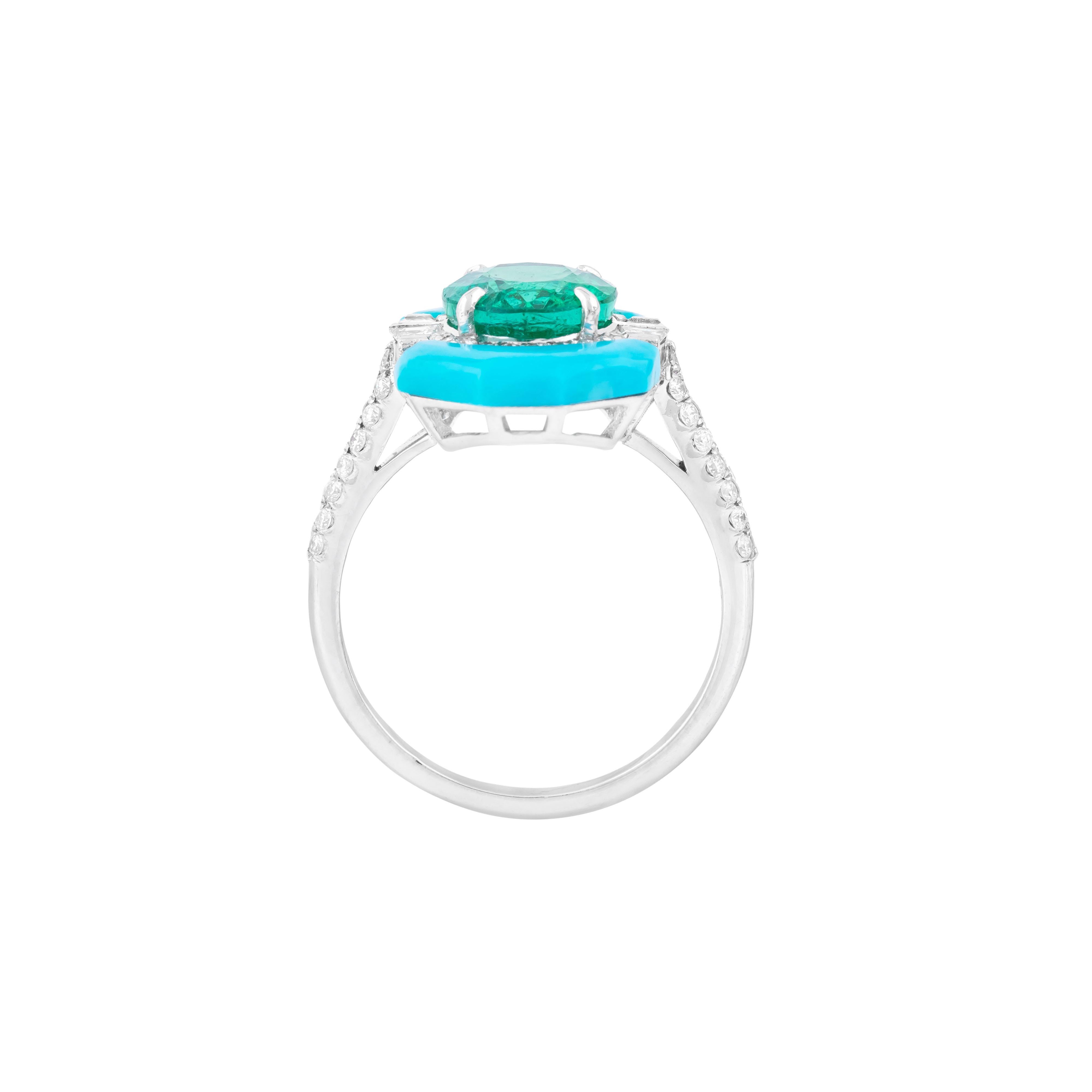 18 Karat Gold 4,9 Karat Diamant, Smaragd und Türkis Solitär Ring (Brillantschliff) im Angebot