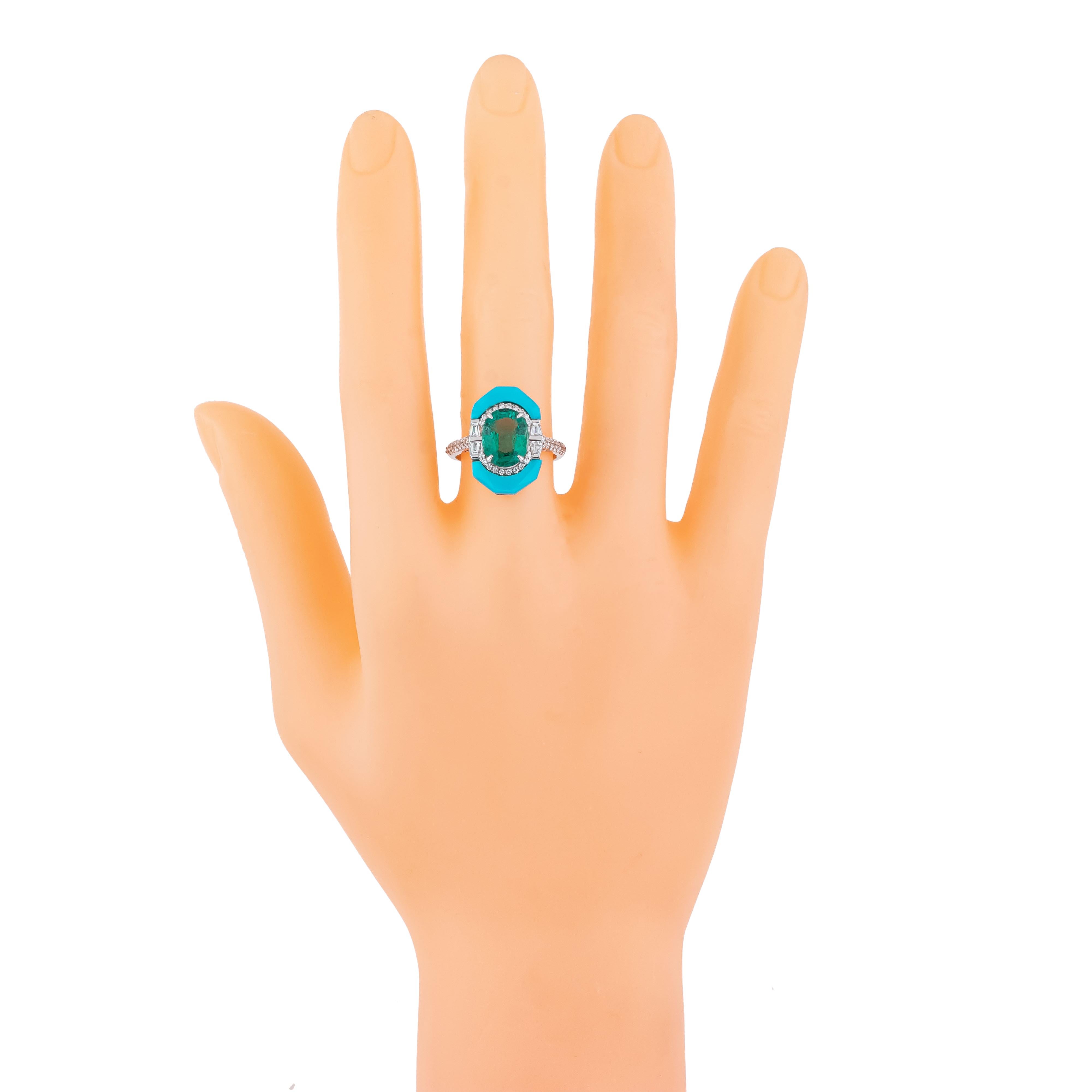 18 Karat Gold 4,9 Karat Diamant, Smaragd und Türkis Solitär Ring im Zustand „Neu“ im Angebot in Jaipur, IN