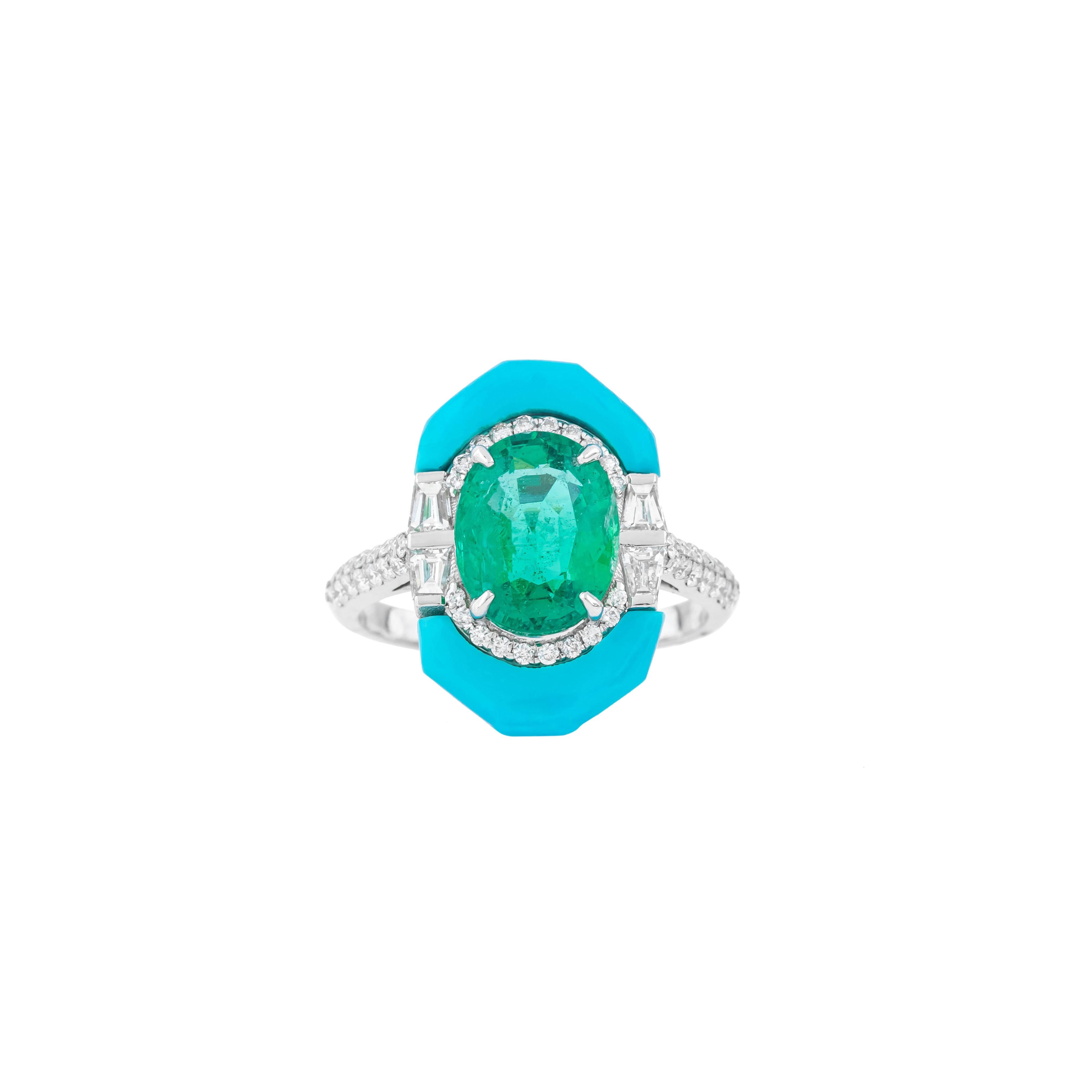 18 Karat Gold 4,9 Karat Diamant, Smaragd und Türkis Solitär Ring Damen im Angebot