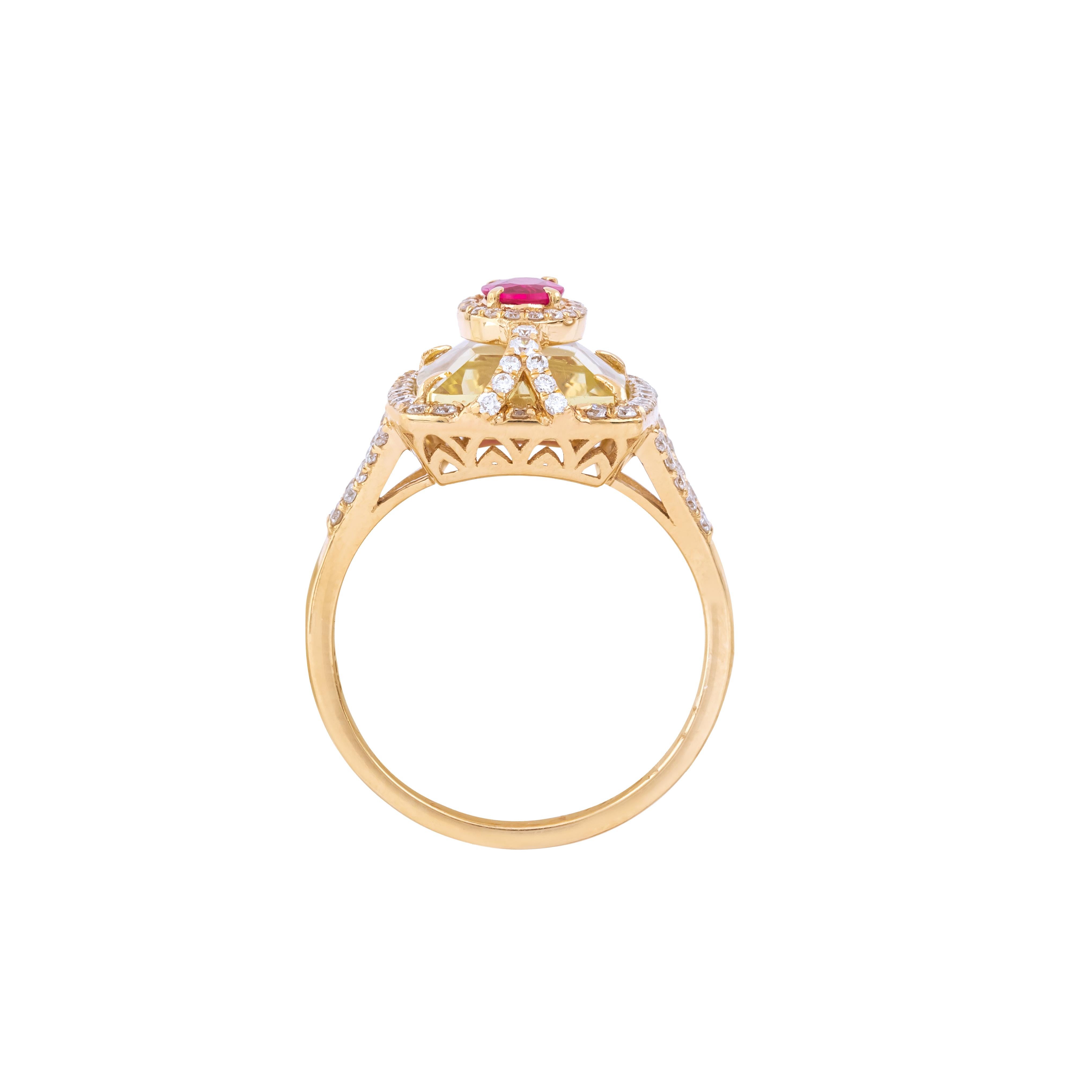 Taille brillant Bague cocktail en or 18 carats avec diamants, citrine et rubis de 5,13 carats en vente