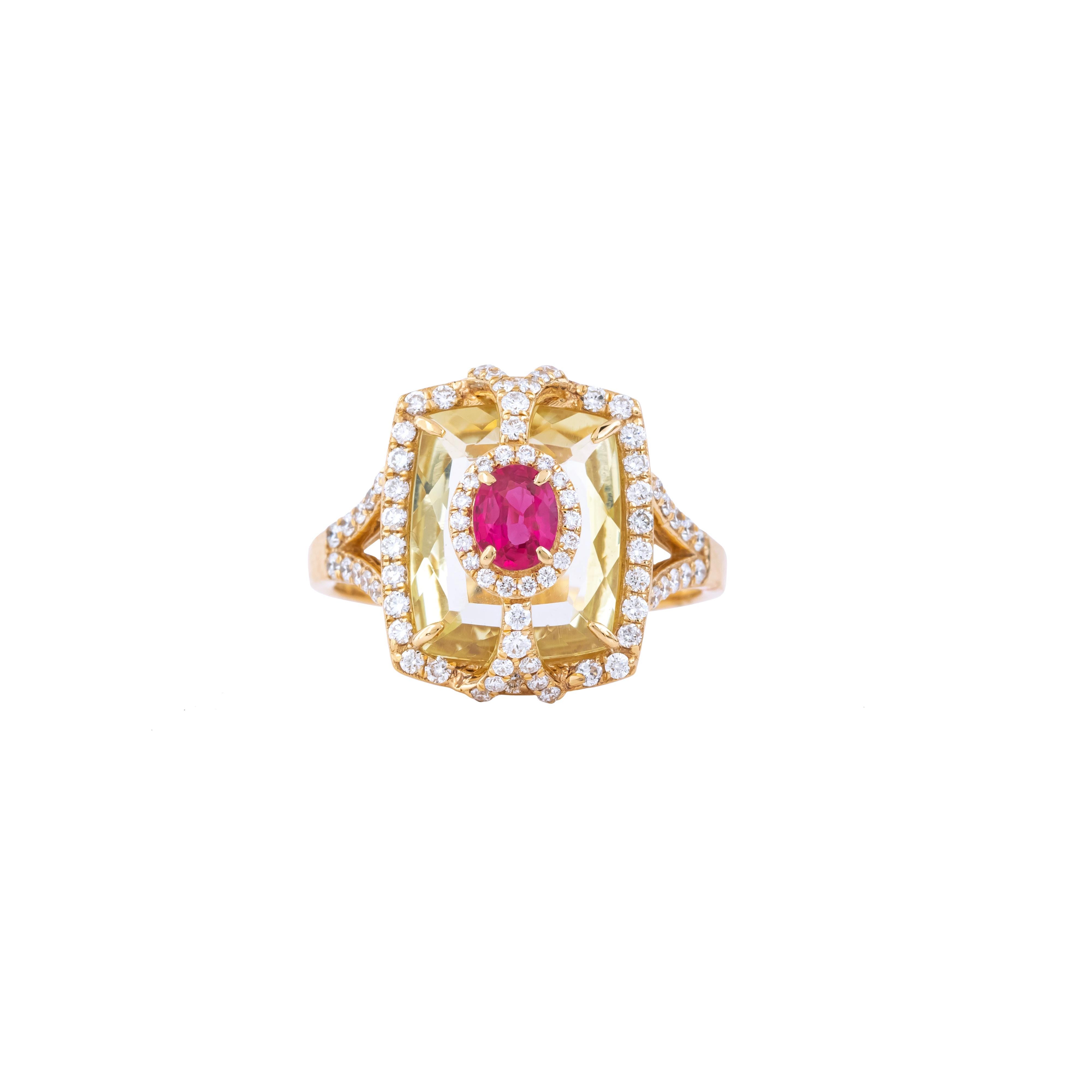 Bague cocktail en or 18 carats avec diamants, citrine et rubis de 5,13 carats Pour femmes en vente