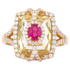 18 Karat Gold 5.13 Carat Diamond, Citrine and Ruby Cocktail Ring