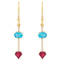 18 Karat Gold 5.22 Carat Blue Topaz, Tourmaline & Diamond Dangle Earrings