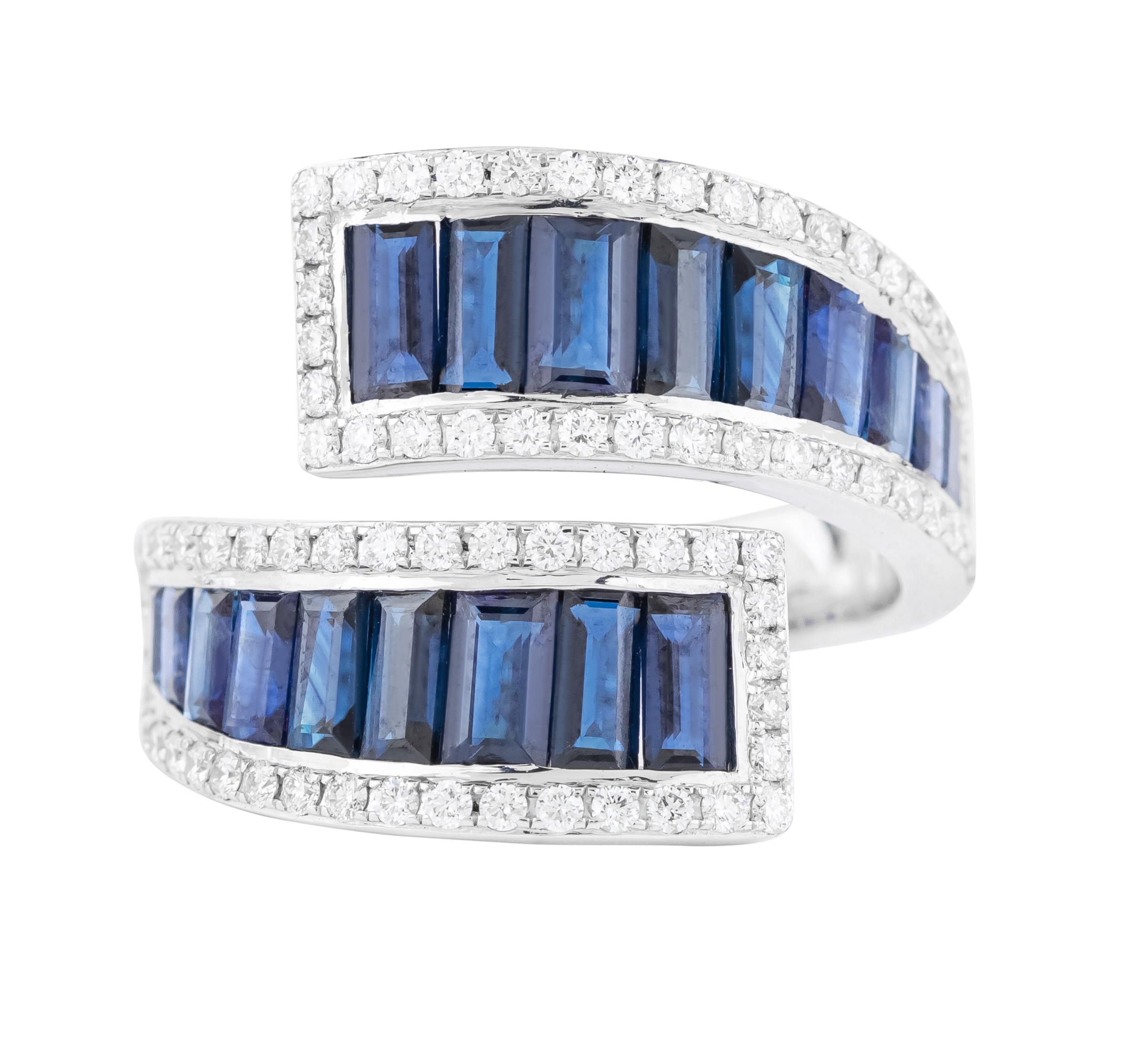 Baguette Cut 18 Karat Gold 5.23 Carat Diamond and Sapphire Fashion Ring For Sale