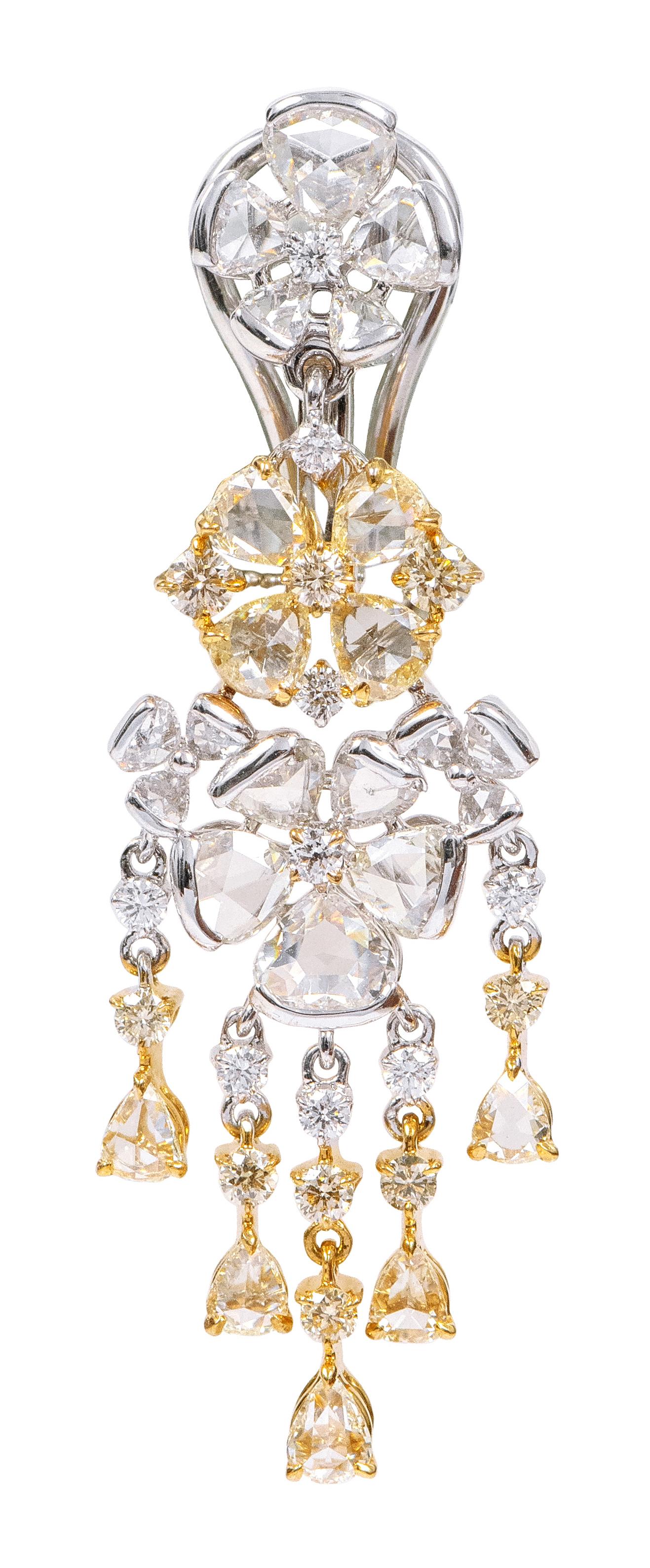 Rose Cut 18 Karat Gold 5.23 Carat Fancy Yellow and White Diamond Dangle Earrings For Sale
