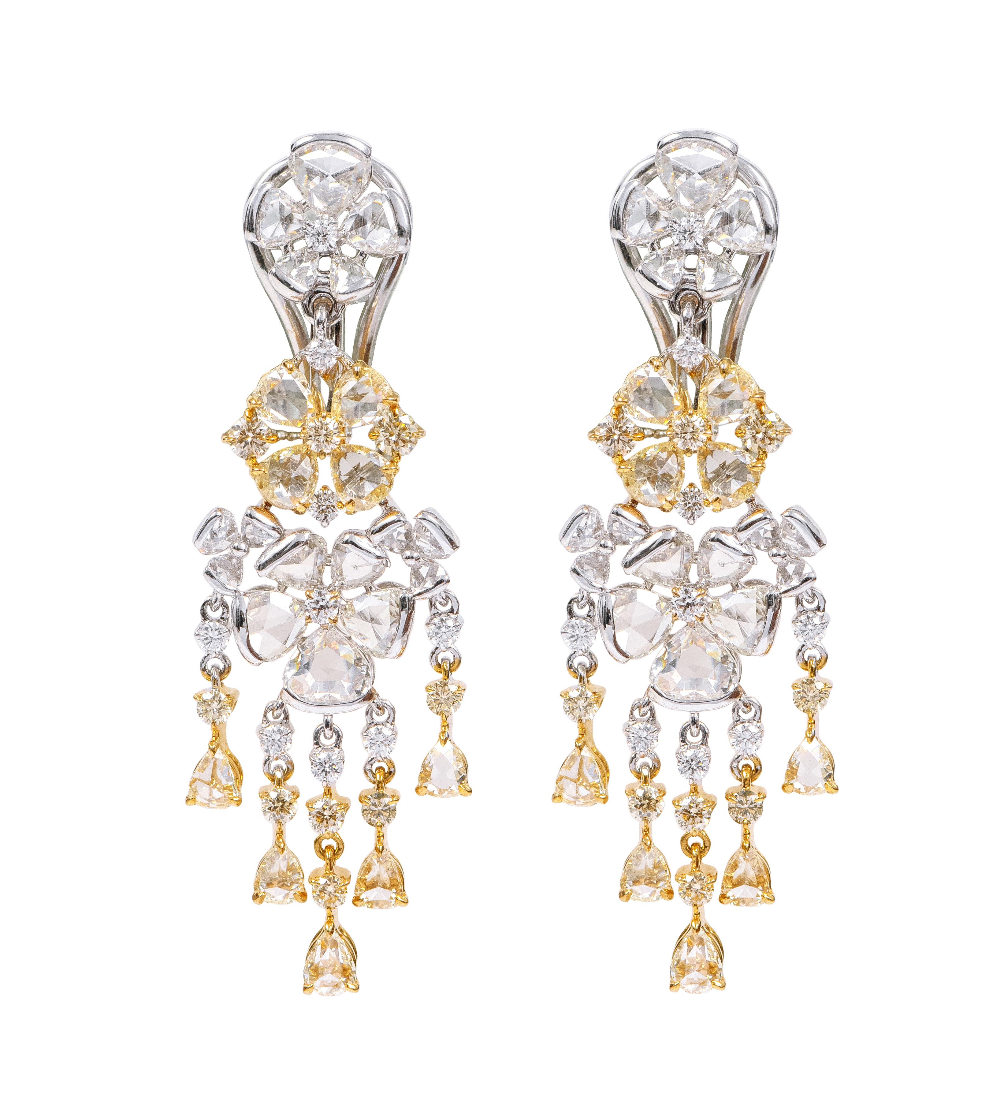 Rose Cut 18 Karat Gold 5.23 Carat Fancy Yellow and White Diamond Dangle Earrings For Sale