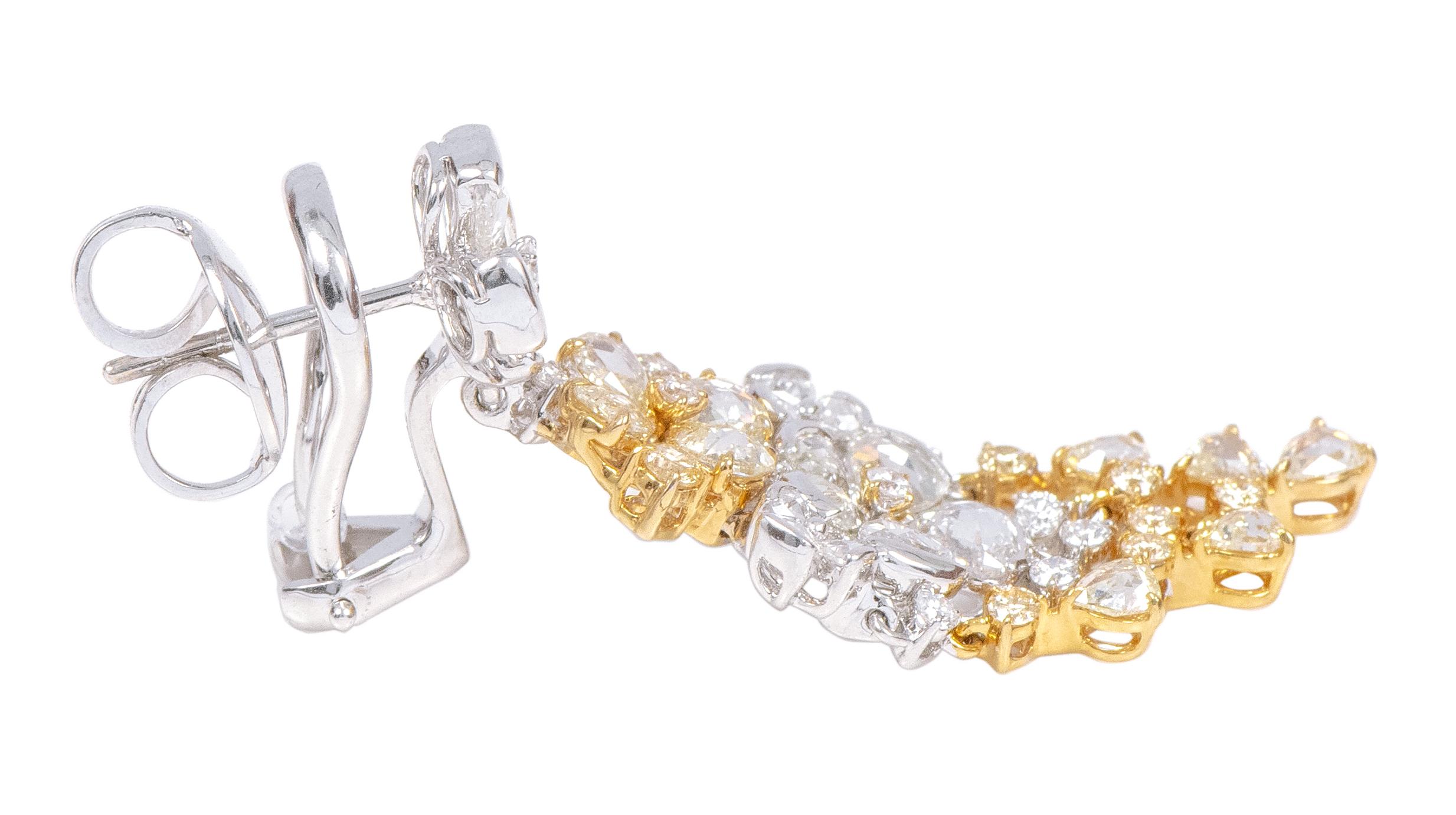 Women's 18 Karat Gold 5.23 Carat Fancy Yellow and White Diamond Dangle Earrings For Sale