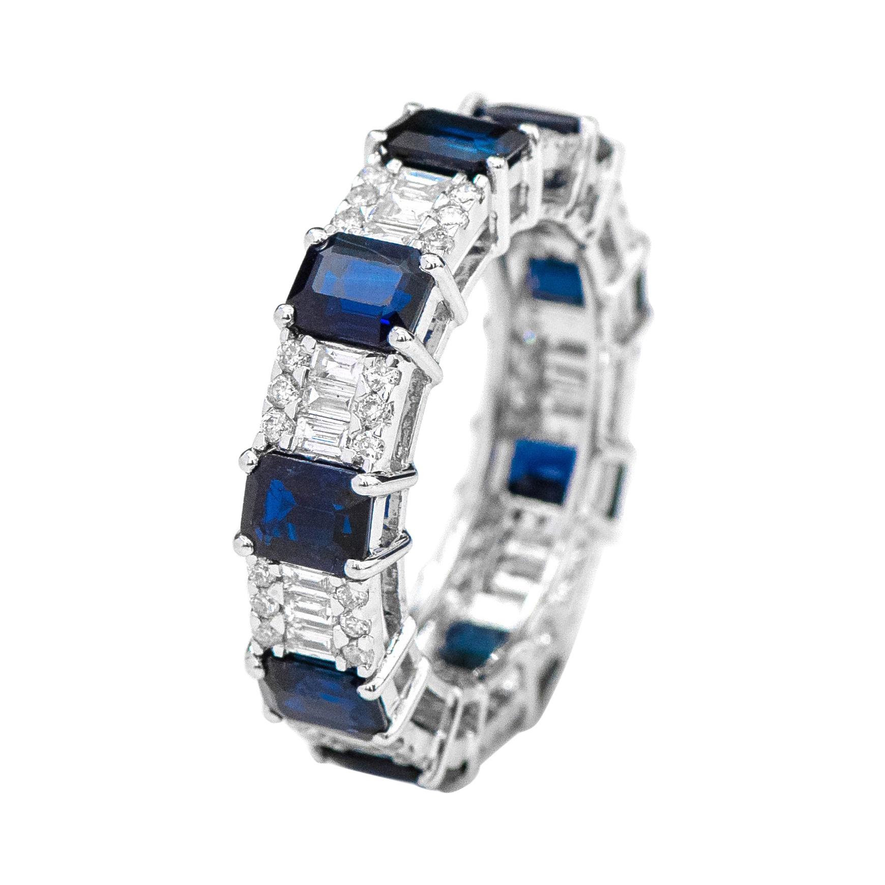 18 Karat Gold 5.26 Carat Emerald-Cut Sapphire and Diamond Eternity Band Ring