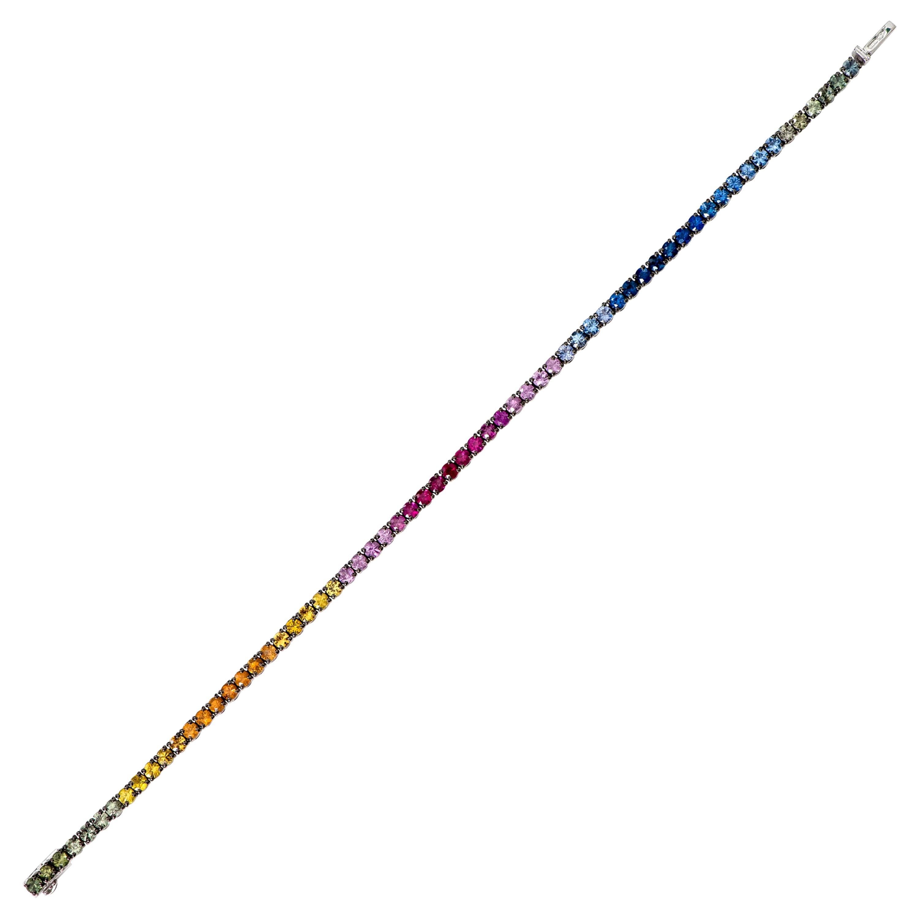 18 Karat Gold 5.33 Carat Round-Cut Multi-Sapphire Rainbow Color Tennis Bracelet For Sale