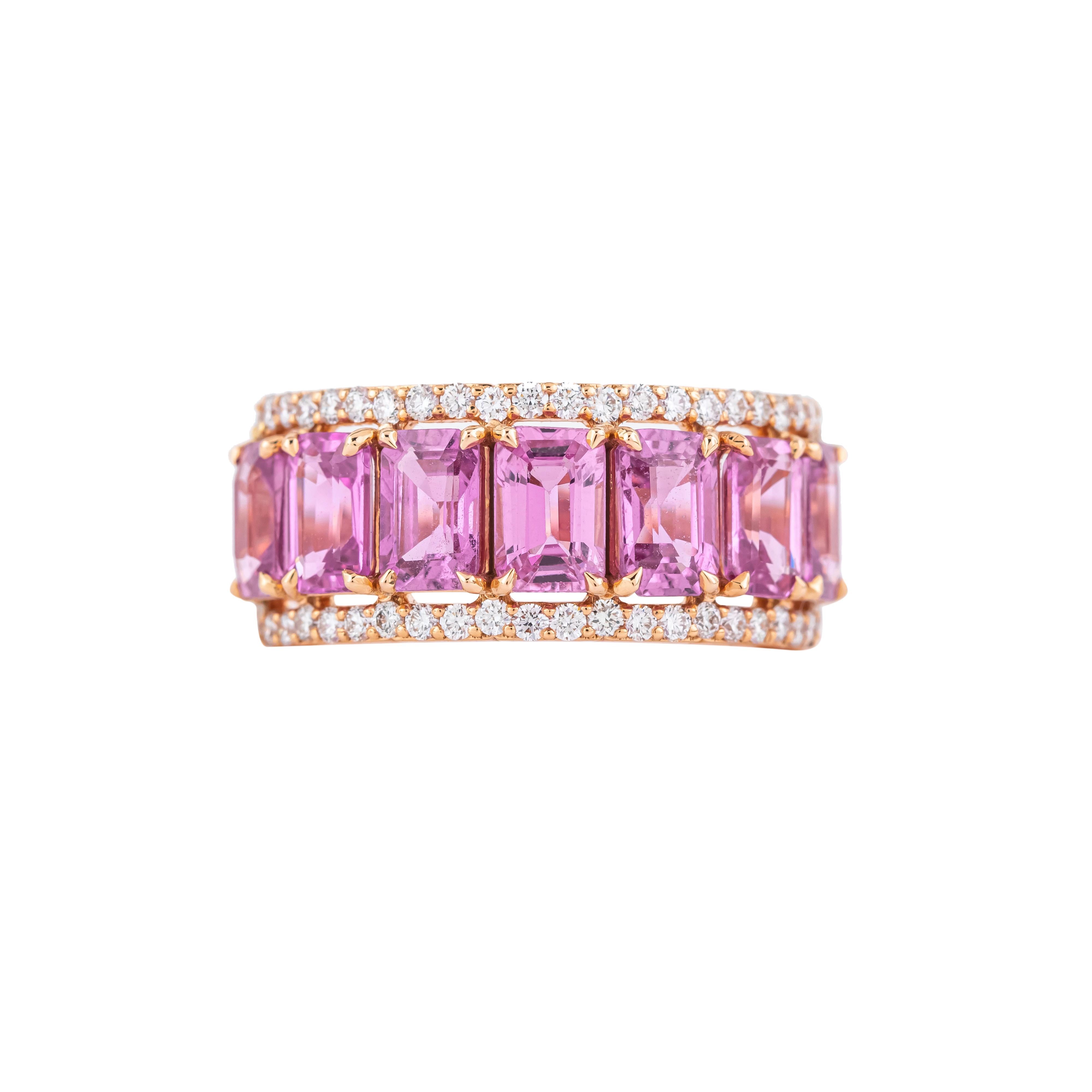 Emerald Cut 18 Karat Gold 5.34 Carat Diamond and Pink Sapphire Half Band Ring For Sale