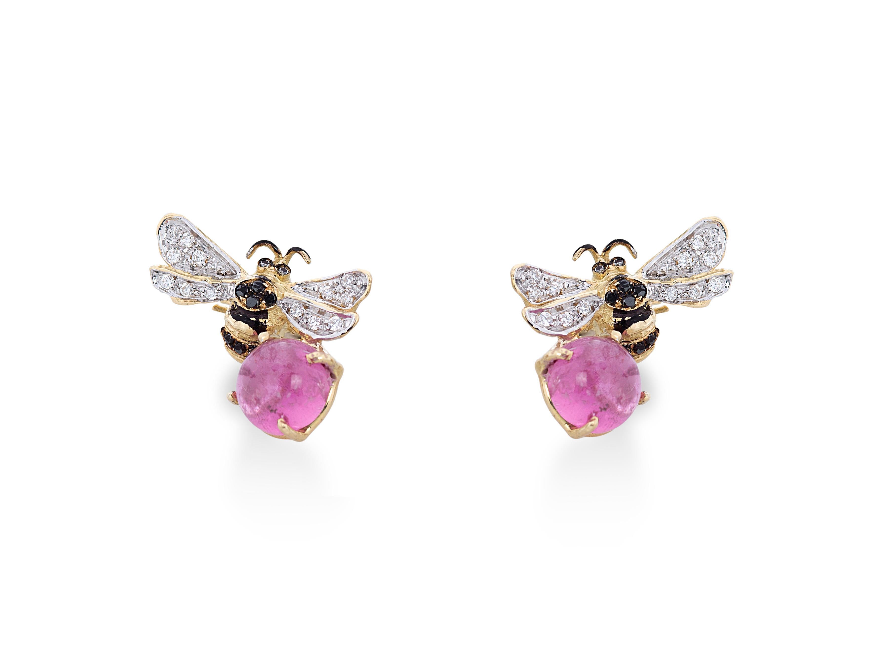Artisan 18 Karat Gold 5.5 Karat Pink Tourmaline 0.16 Karat Diamonds Bees Stud Earrings For Sale