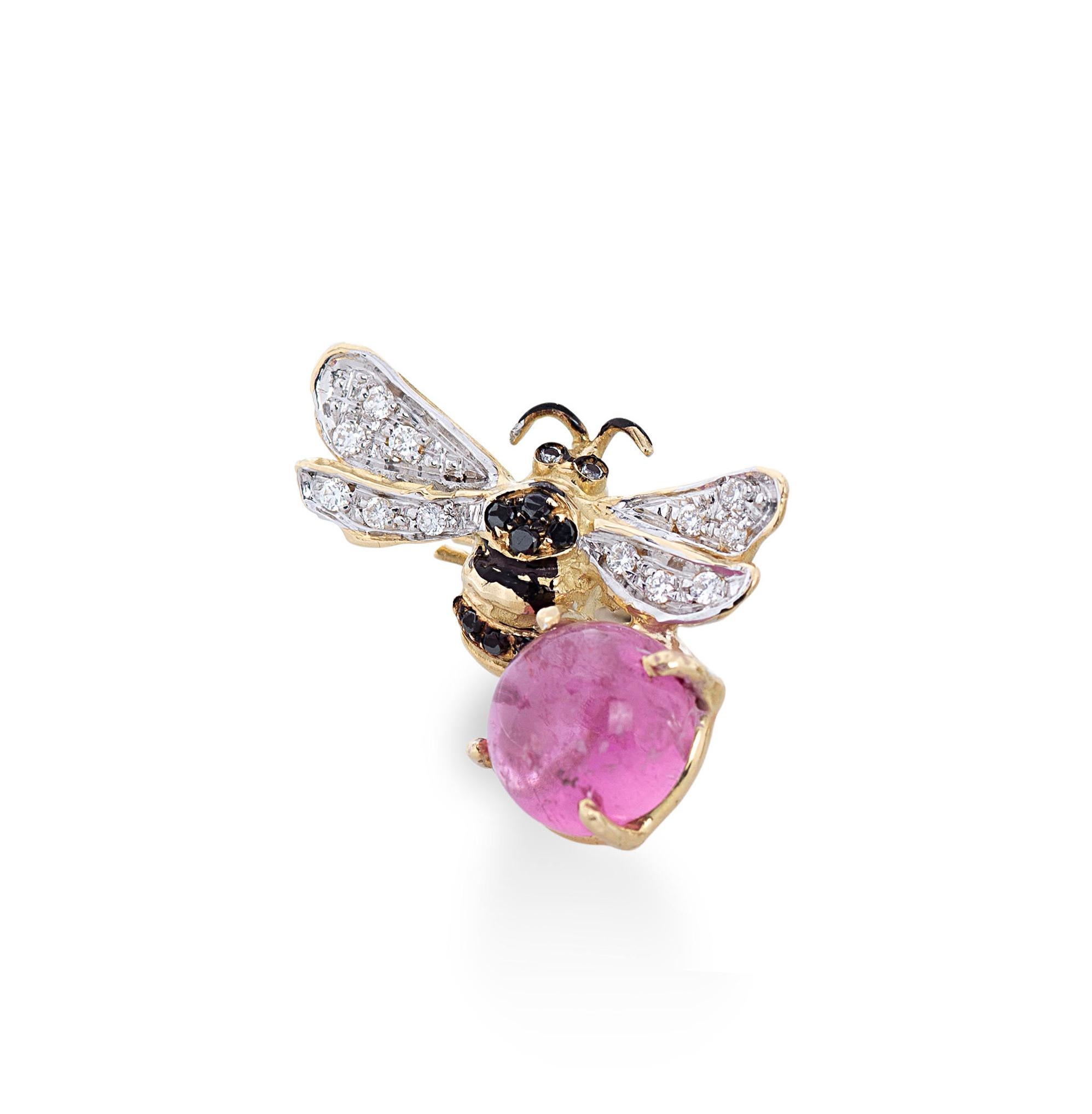 Art Deco Bees 18 Karat Gold 5.5 Karat Pink Tourmaline 0.16 Karat Diamonds Stud Earrings For Sale