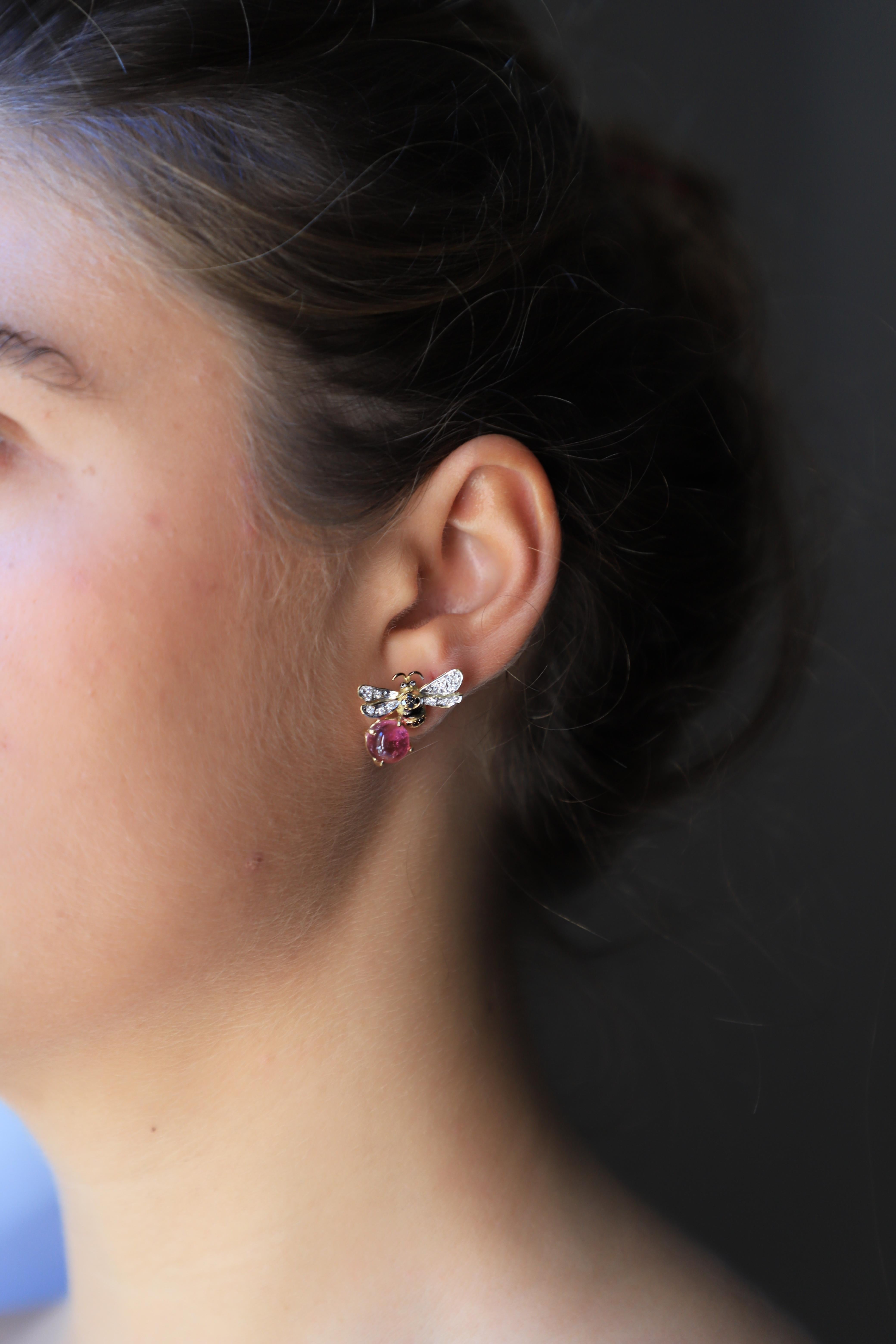 Women's or Men's 18 Karat Gold 5.5 Karat Pink Tourmaline 0.16 Karat Diamonds Bees Stud Earrings For Sale