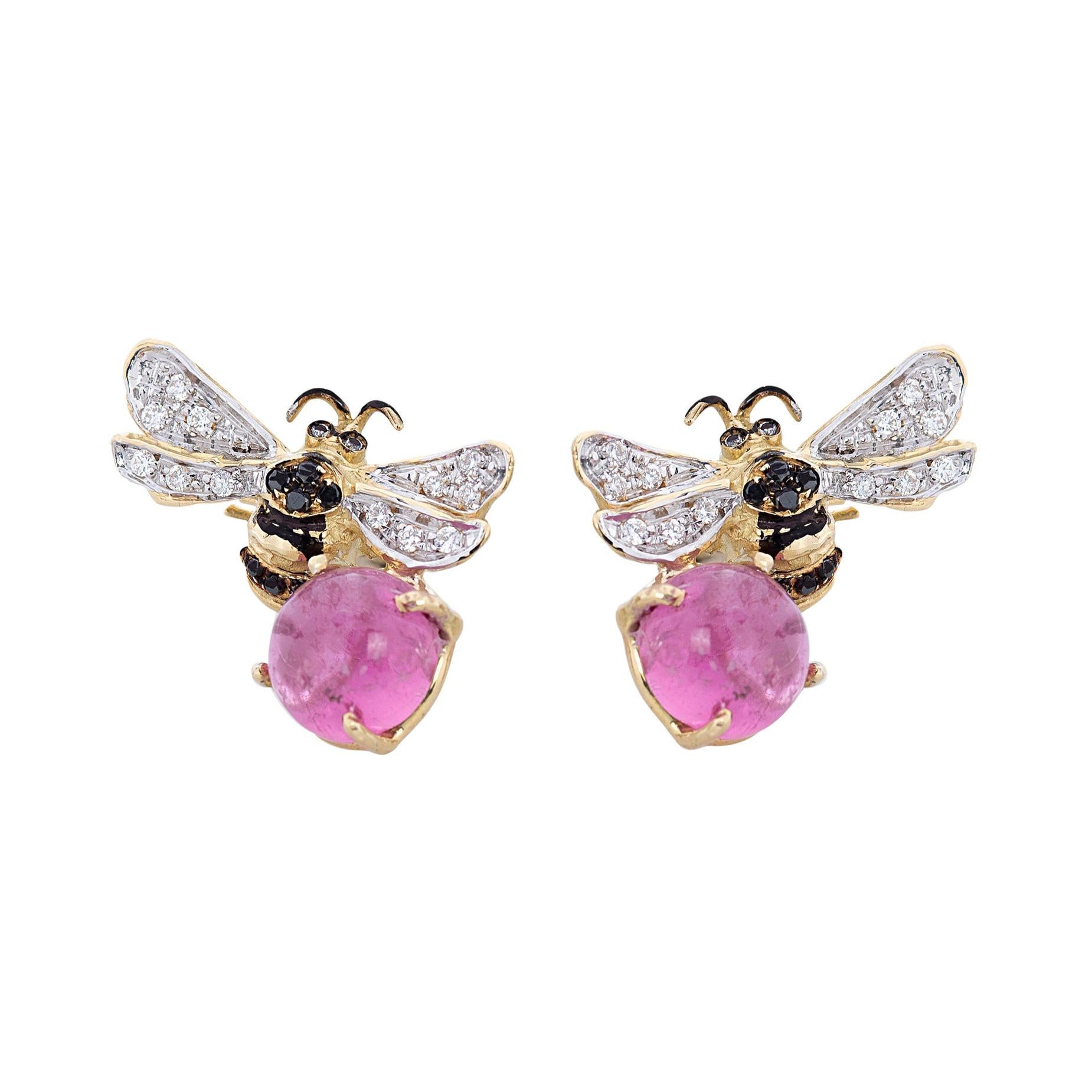 18 Karat Gold 5.5 Karat Pink Tourmaline 0.16 Karat Diamonds Bees Stud Earrings For Sale