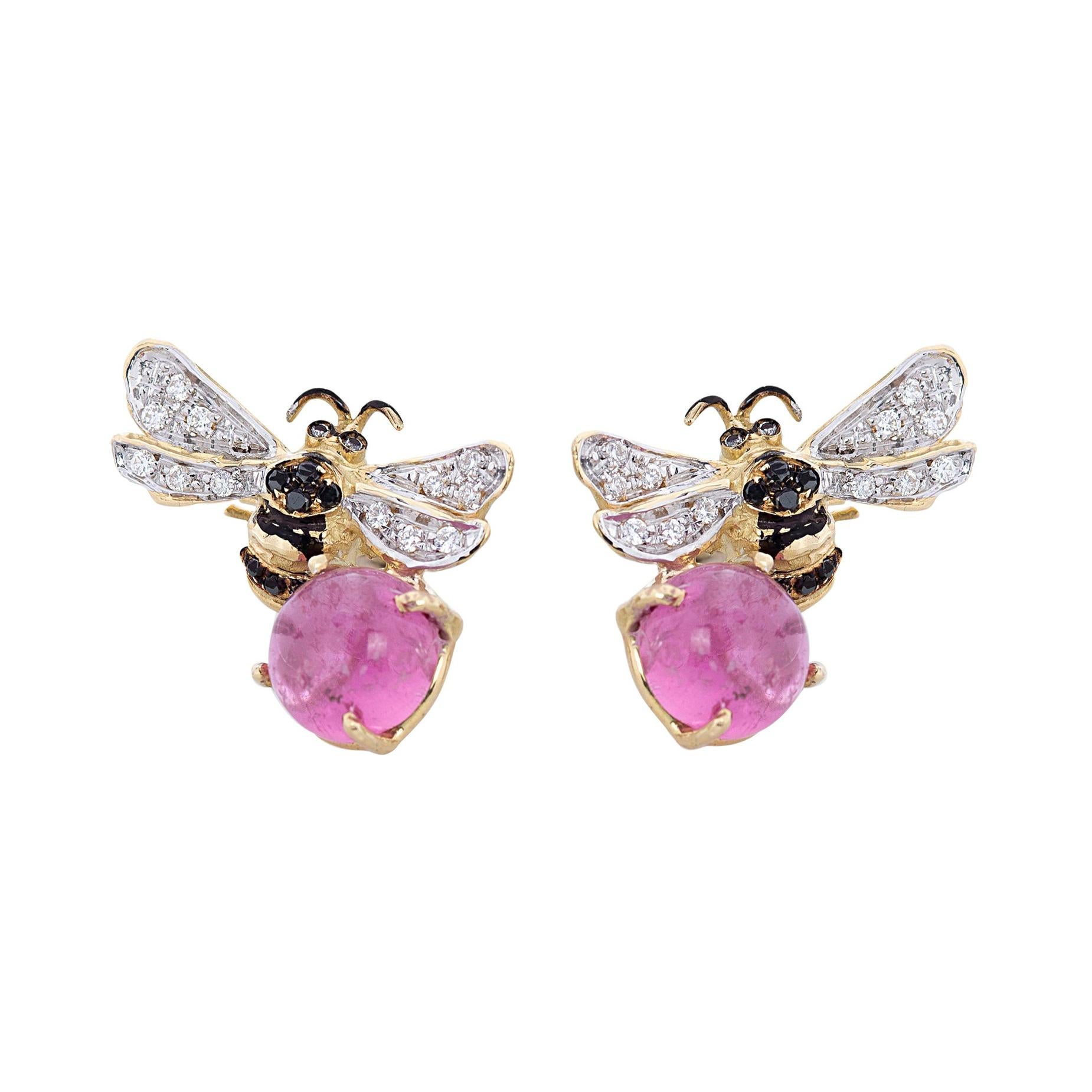 Bees 18 Karat Gold 5.5 Karat Pink Tourmaline 0.16 Karat Diamonds Stud Earrings For Sale