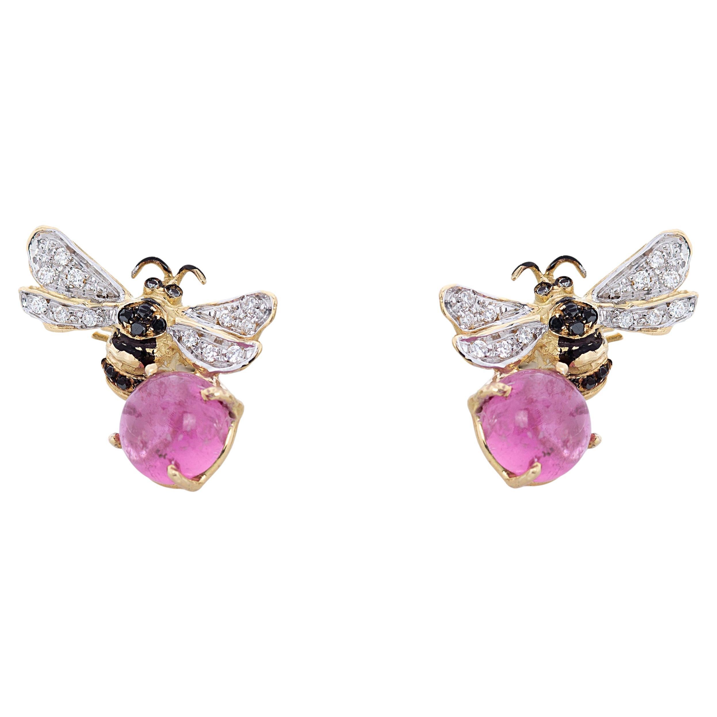 18 Karat Gold 5.5 Karat Pink Tourmaline 0.16 Karat Diamonds Bees Stud Earrings For Sale