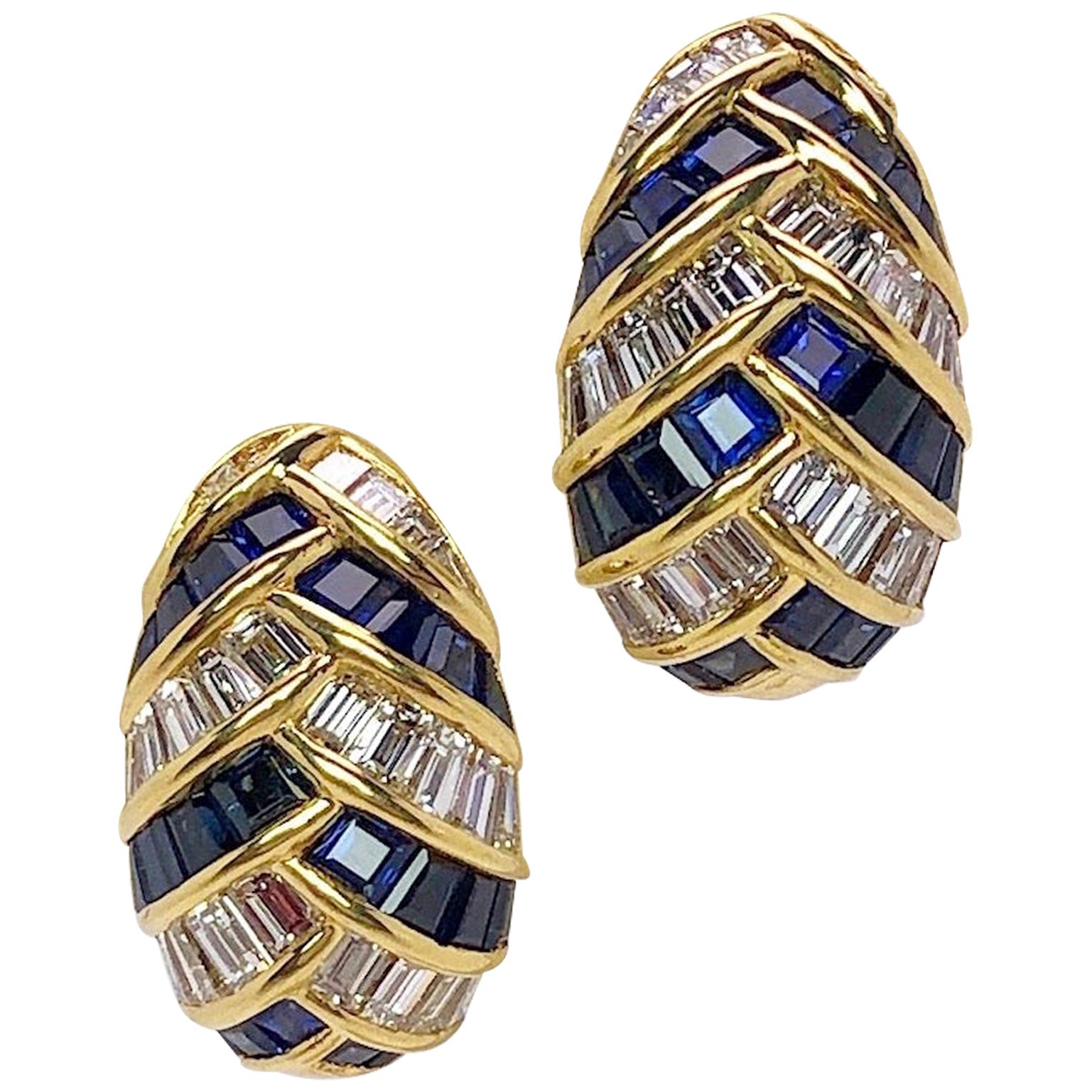 18 Karat Gold, 5.52 Carat Baguette Diamonds and 7.36 Carat Sapphires Earrings For Sale