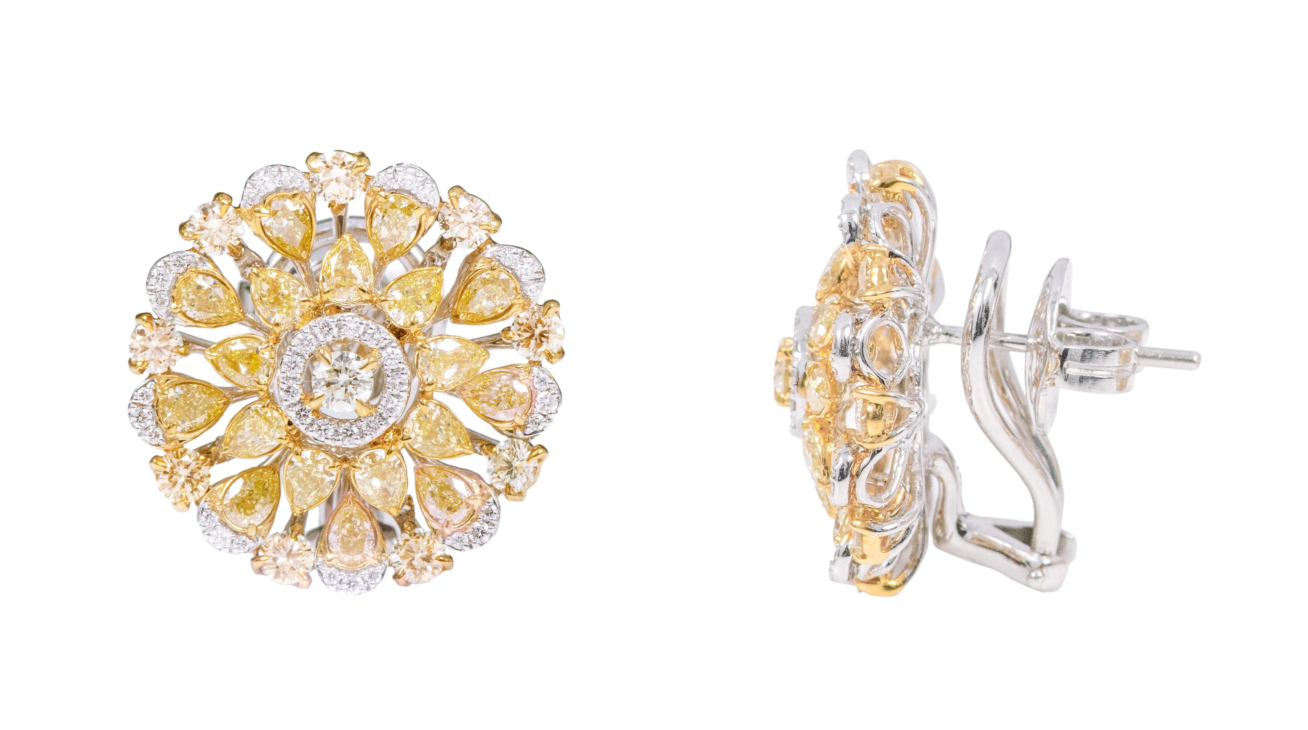 Contemporary 18 Karat Gold 5.69 Carat Fancy Yellow and White Diamond Solitaire Stud Earrings For Sale