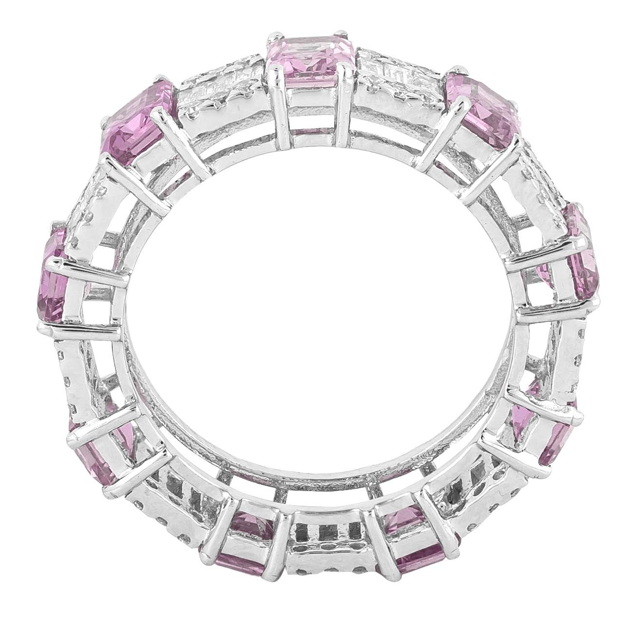 Modern 18 Karat Gold 5.92 Carat Diamond and Pink Sapphire Eternity Ring  For Sale