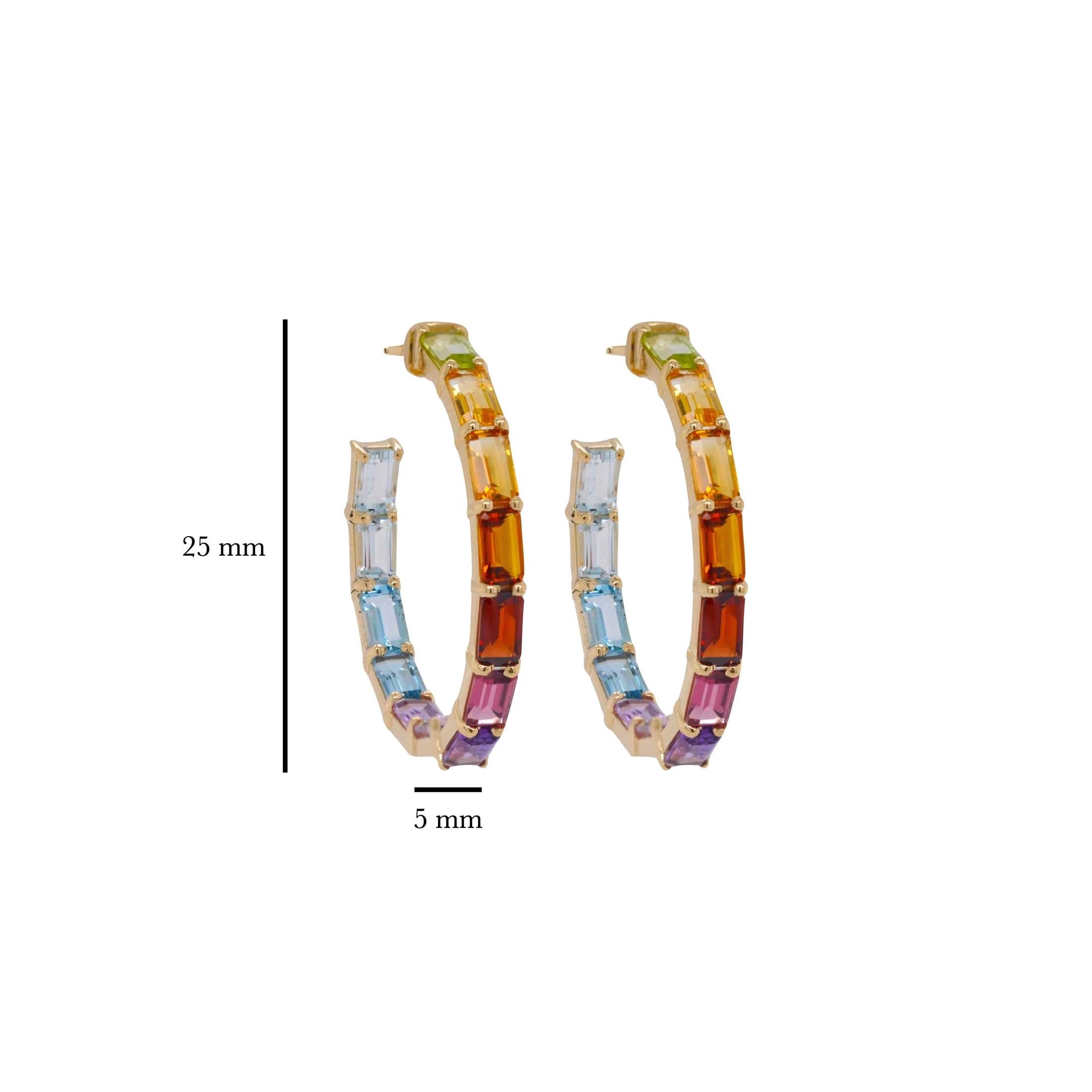 14 Yellow Karat Gold 5x3MM Octagon Rainbow Gemstones Prong-Set Hoop Earrings In New Condition For Sale In Jaipur, Rajasthan