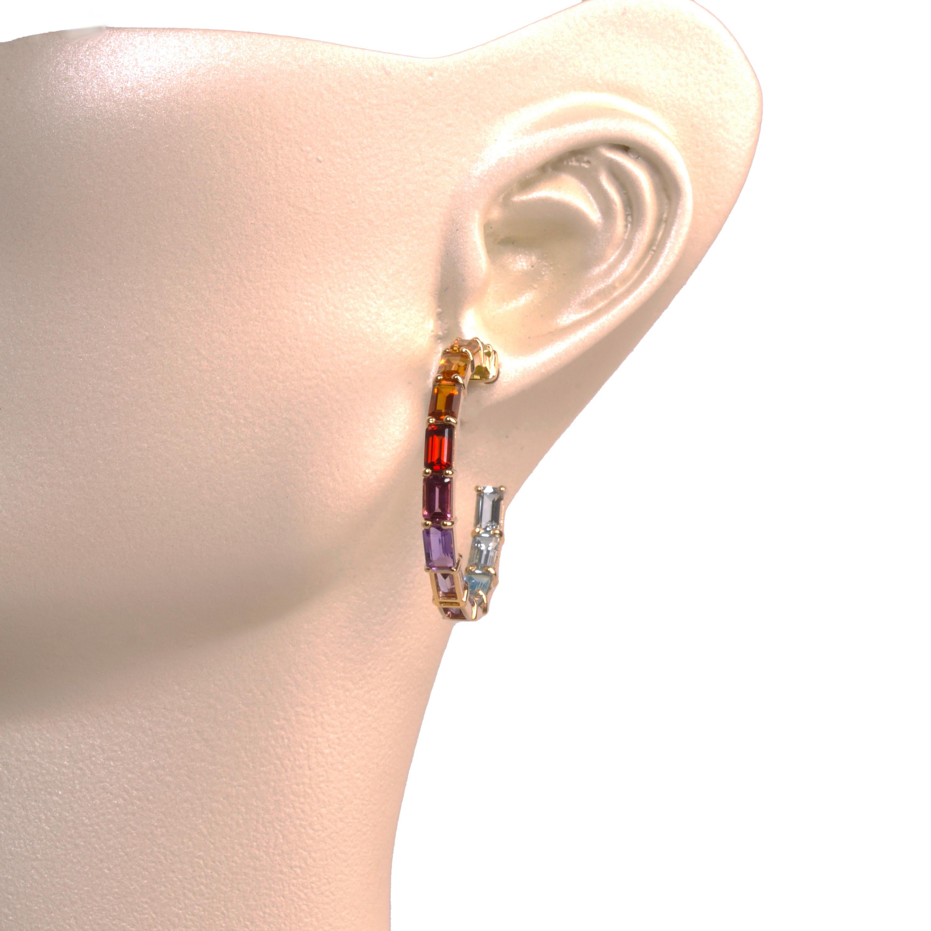 Contemporary 18 Karat Gold 5x3MM Octagon Rainbow Gemstones Prong-Set Hoop Earrings For Sale