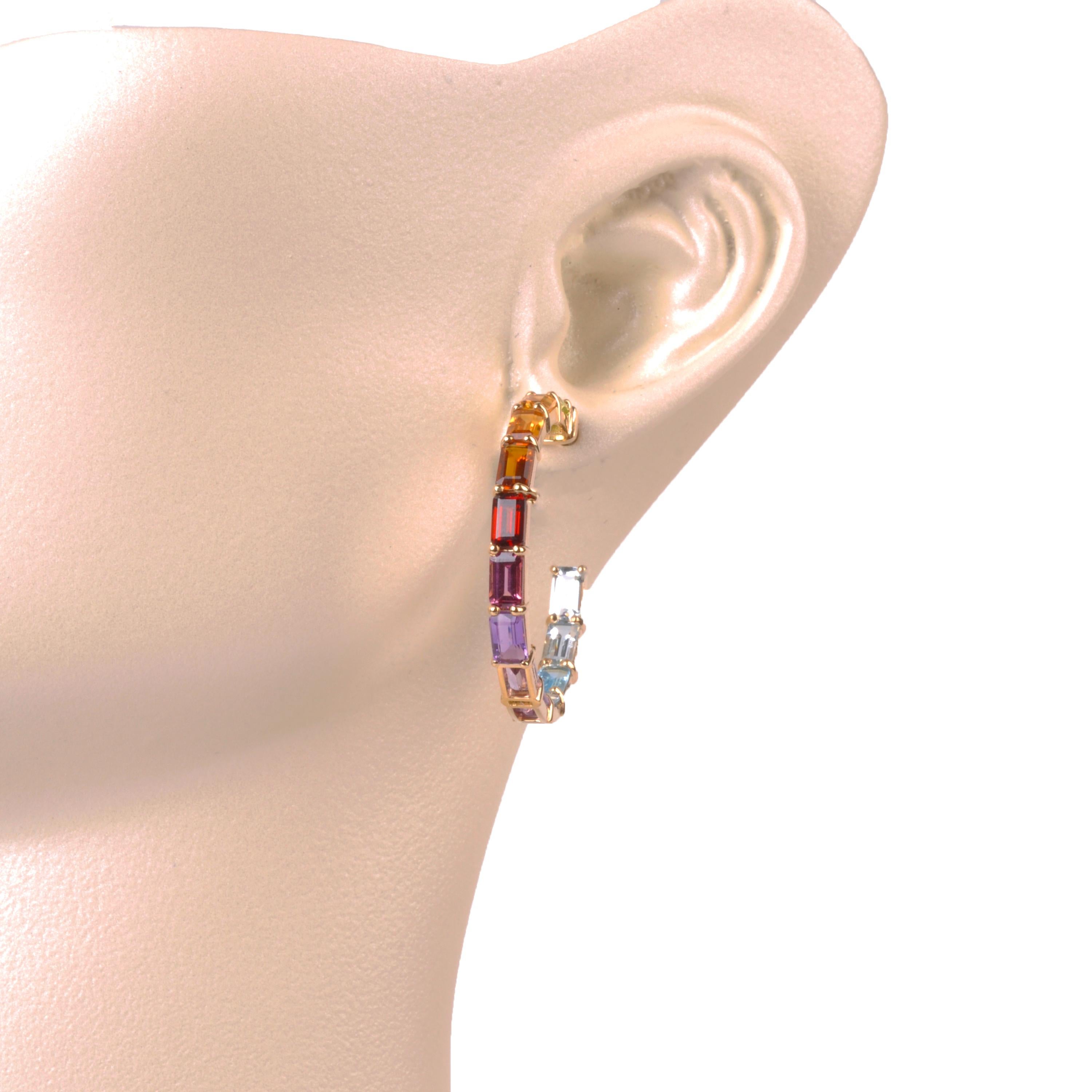 Octagon Cut 18 Karat Gold 5x3MM Octagon Rainbow Gemstones Prong-Set Hoop Earrings For Sale