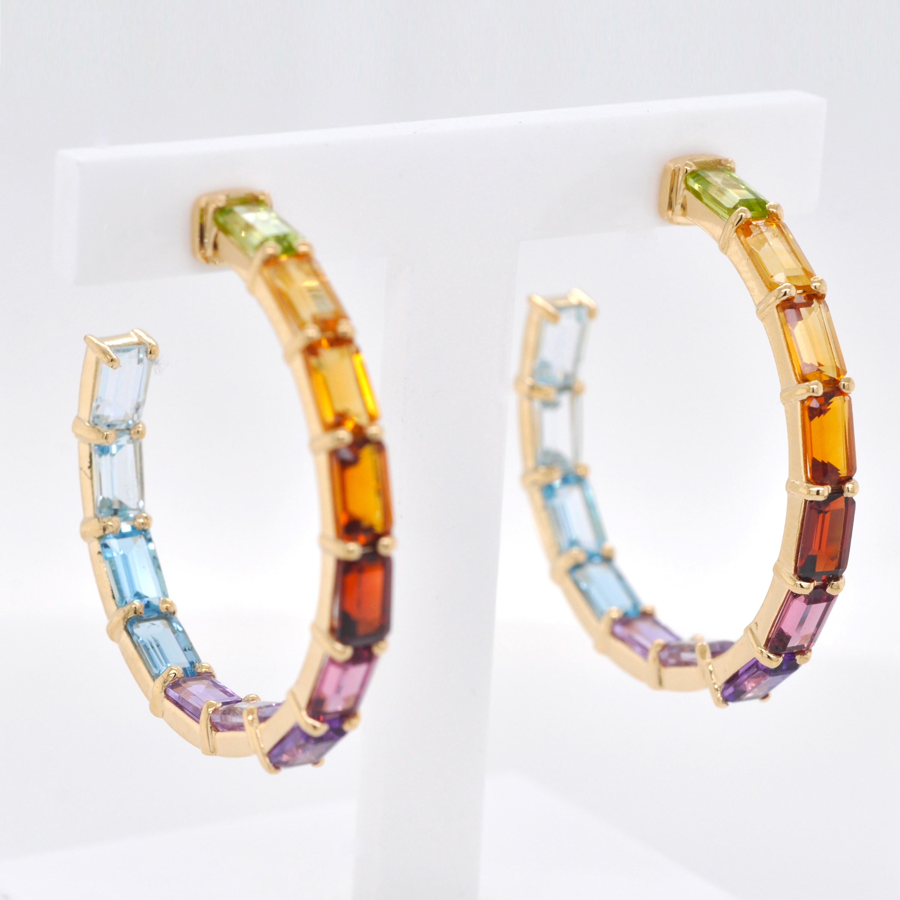 Women's 18 Karat Gold 5x3MM Octagon Rainbow Gemstones Prong-Set Hoop Earrings For Sale
