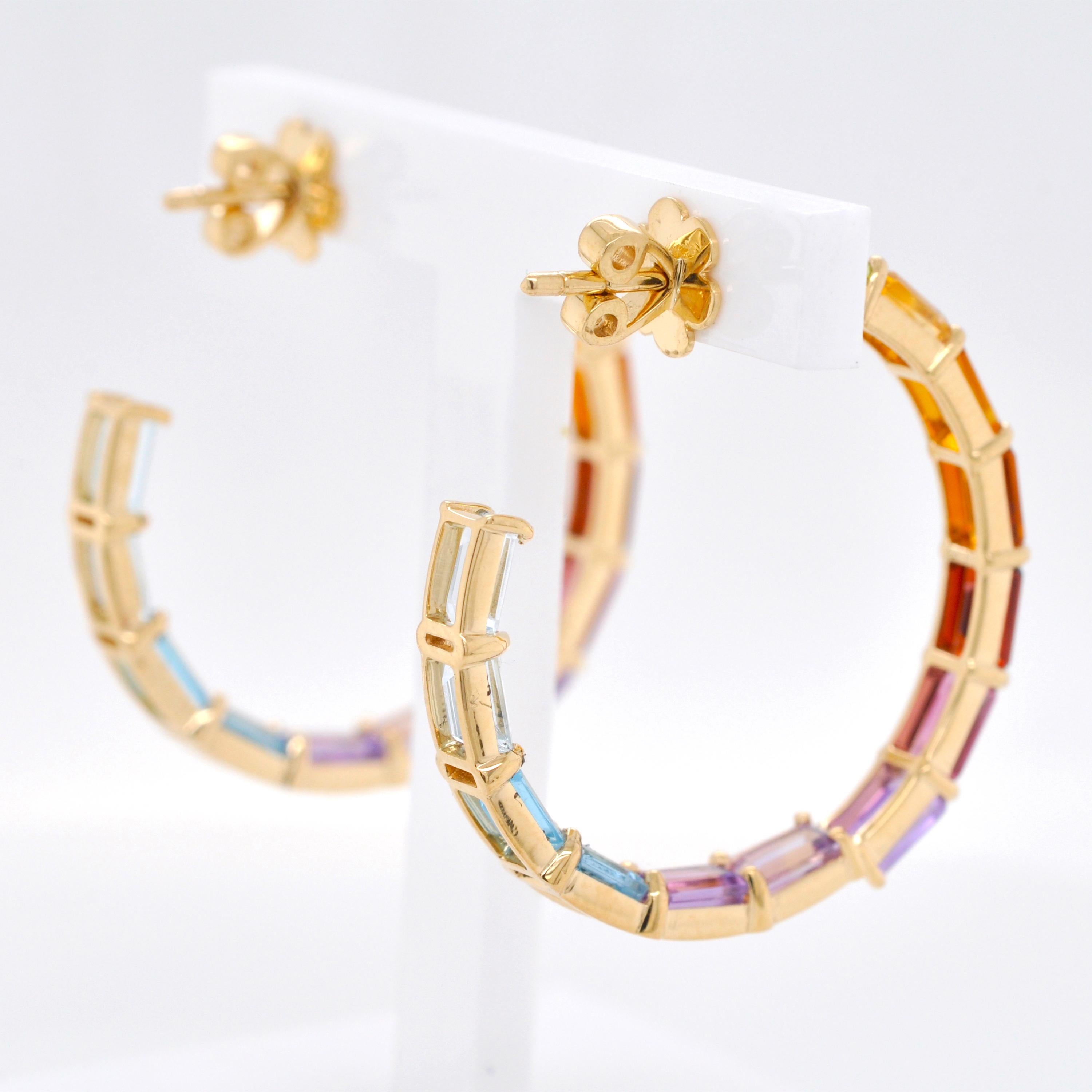18 Karat Gold 5x3MM Octagon Rainbow Gemstones Prong-Set Hoop Earrings For Sale 1
