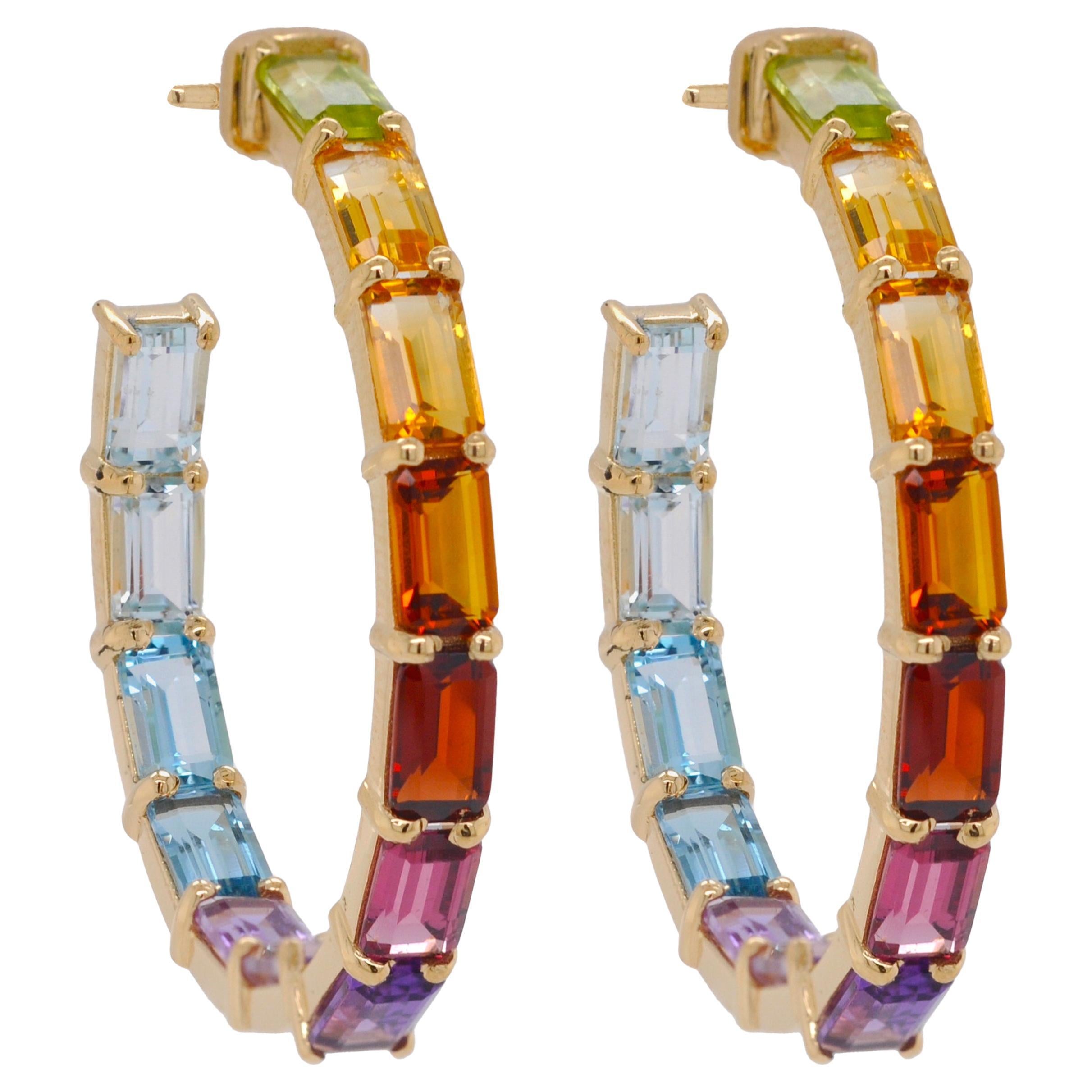 18 Karat Gold 5x3MM Octagon Rainbow Gemstones Prong-Set Hoop Earrings For Sale