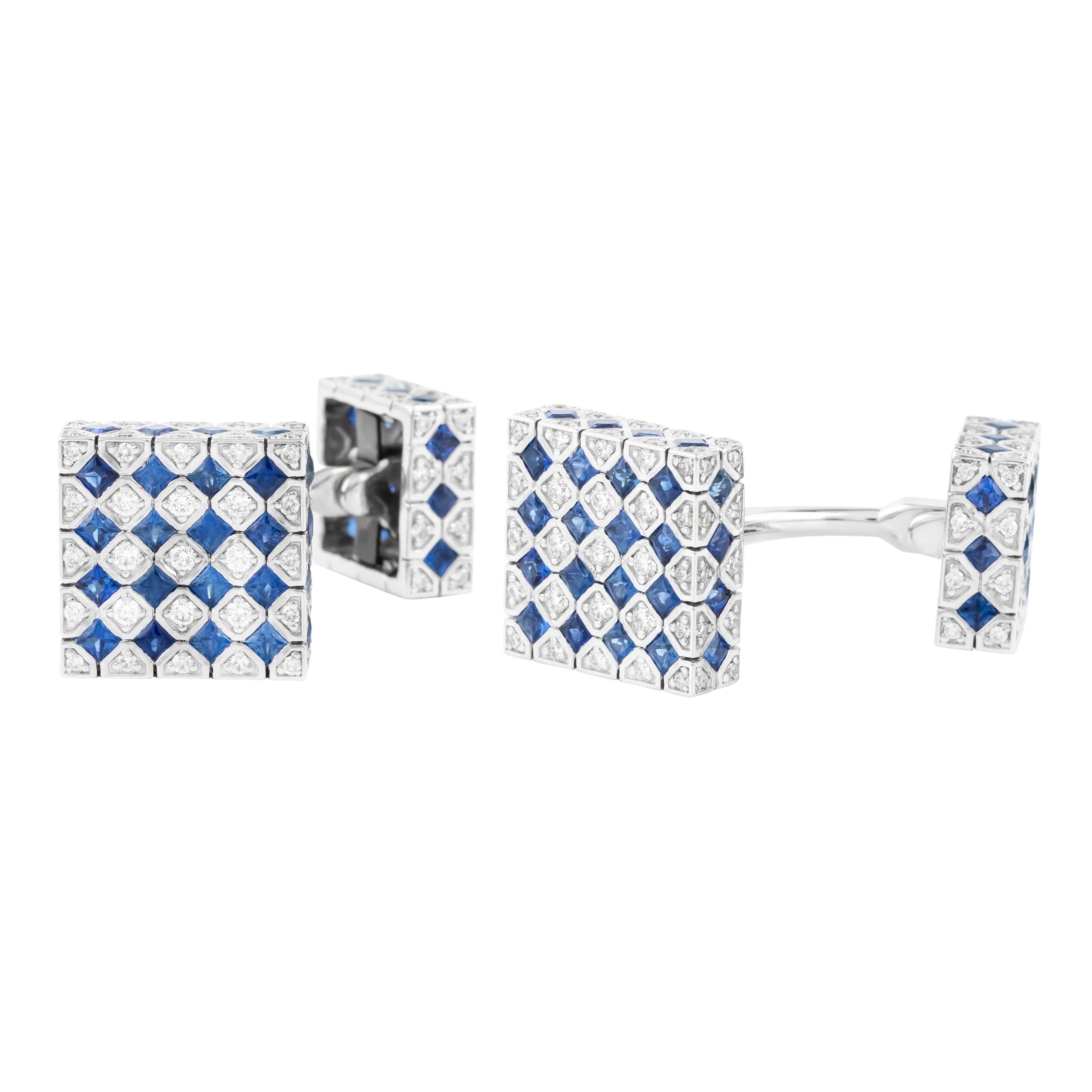 Men's 18 Karat Gold 6.07 Carat Diamond and Sapphire Cufflinks For Sale