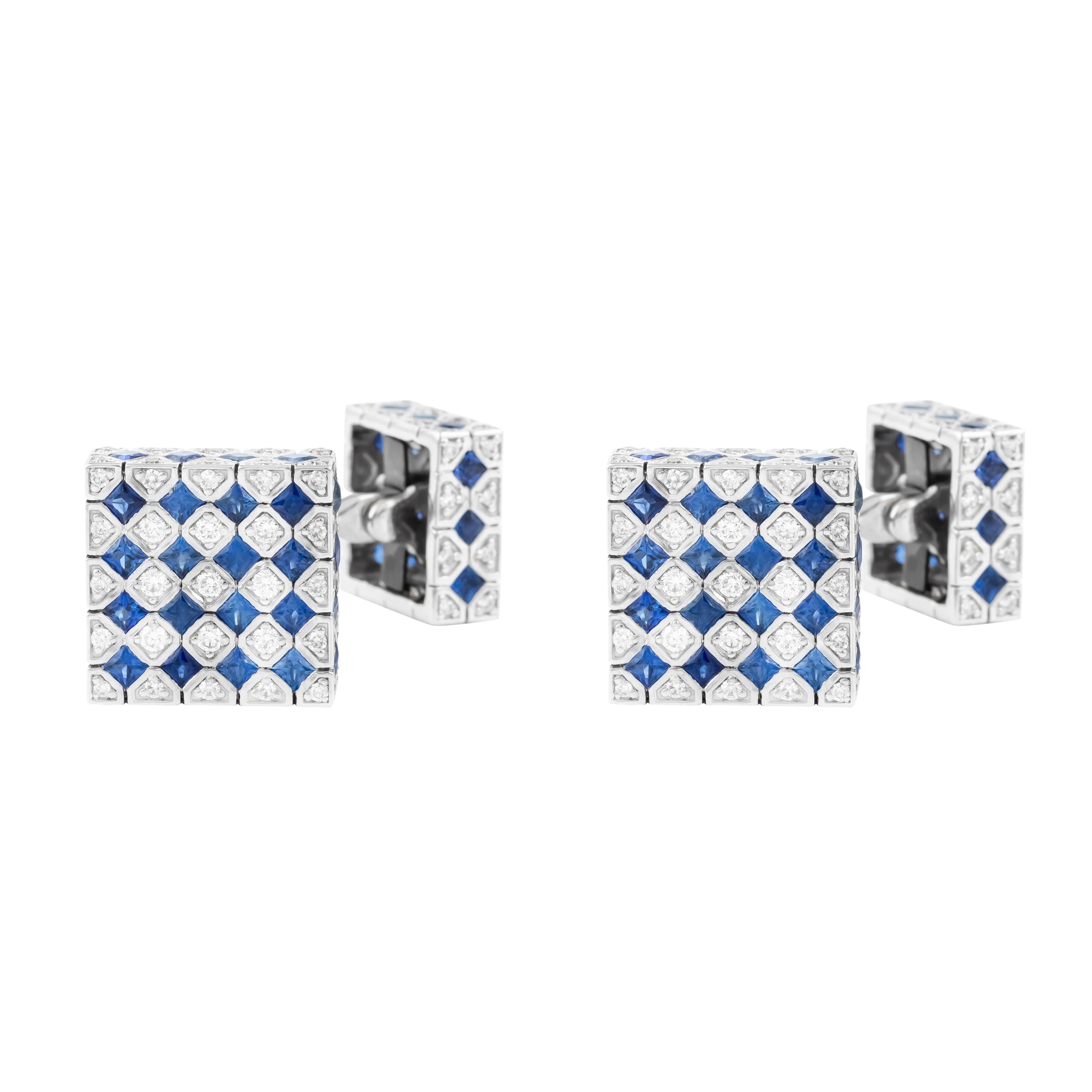 Exquisite and refined, these 18 Karat Gold Cufflinks embody the pinnacle of craftsmanship, featuring 6.07 Carats of premium Diamonds and Sapphires. Each cufflink is a testament to meticulous artistry, designed to offer both elegance and enduring