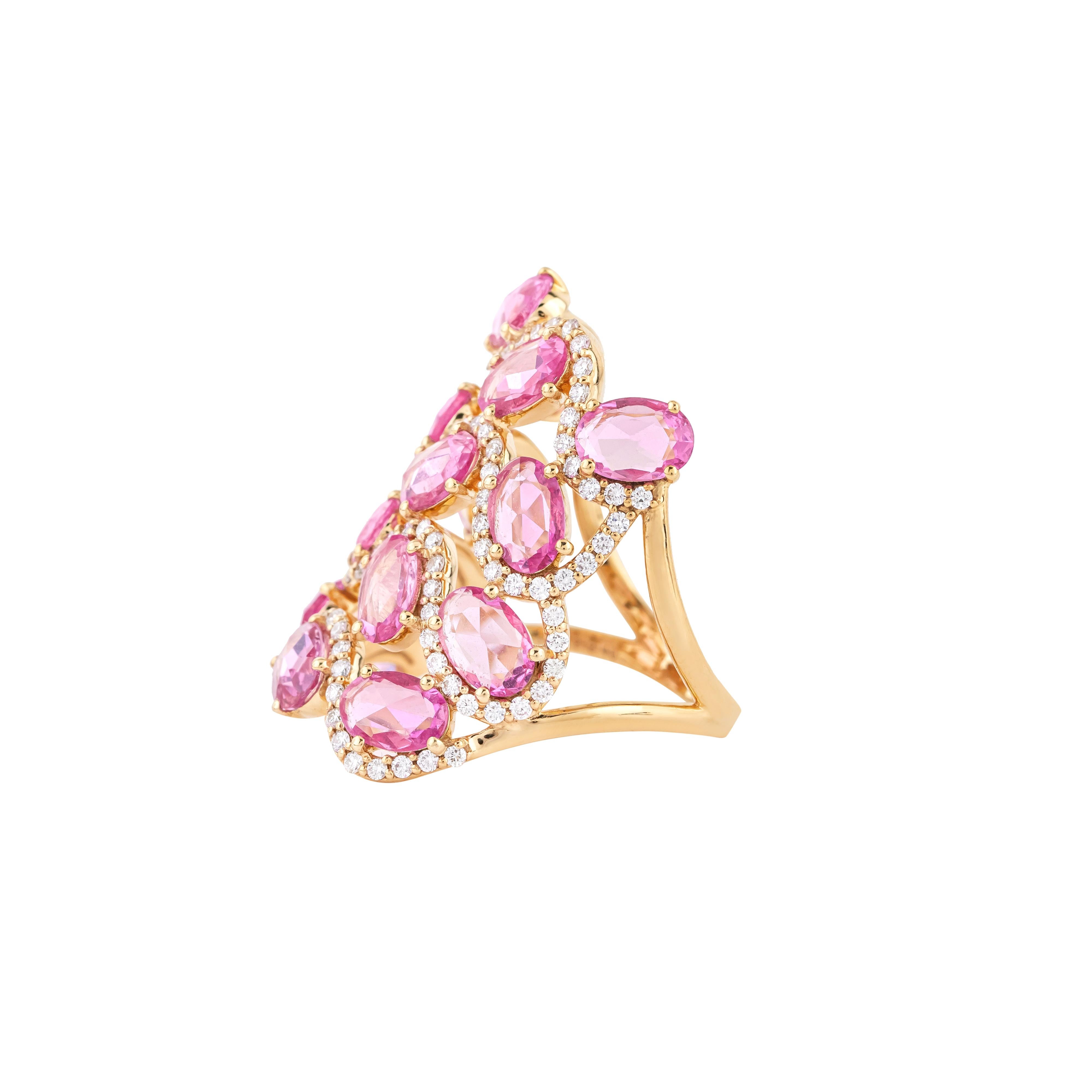 Rose Cut 18 Karat Gold 6.1 Carat Diamond and Pink Sapphire Statement Ring For Sale