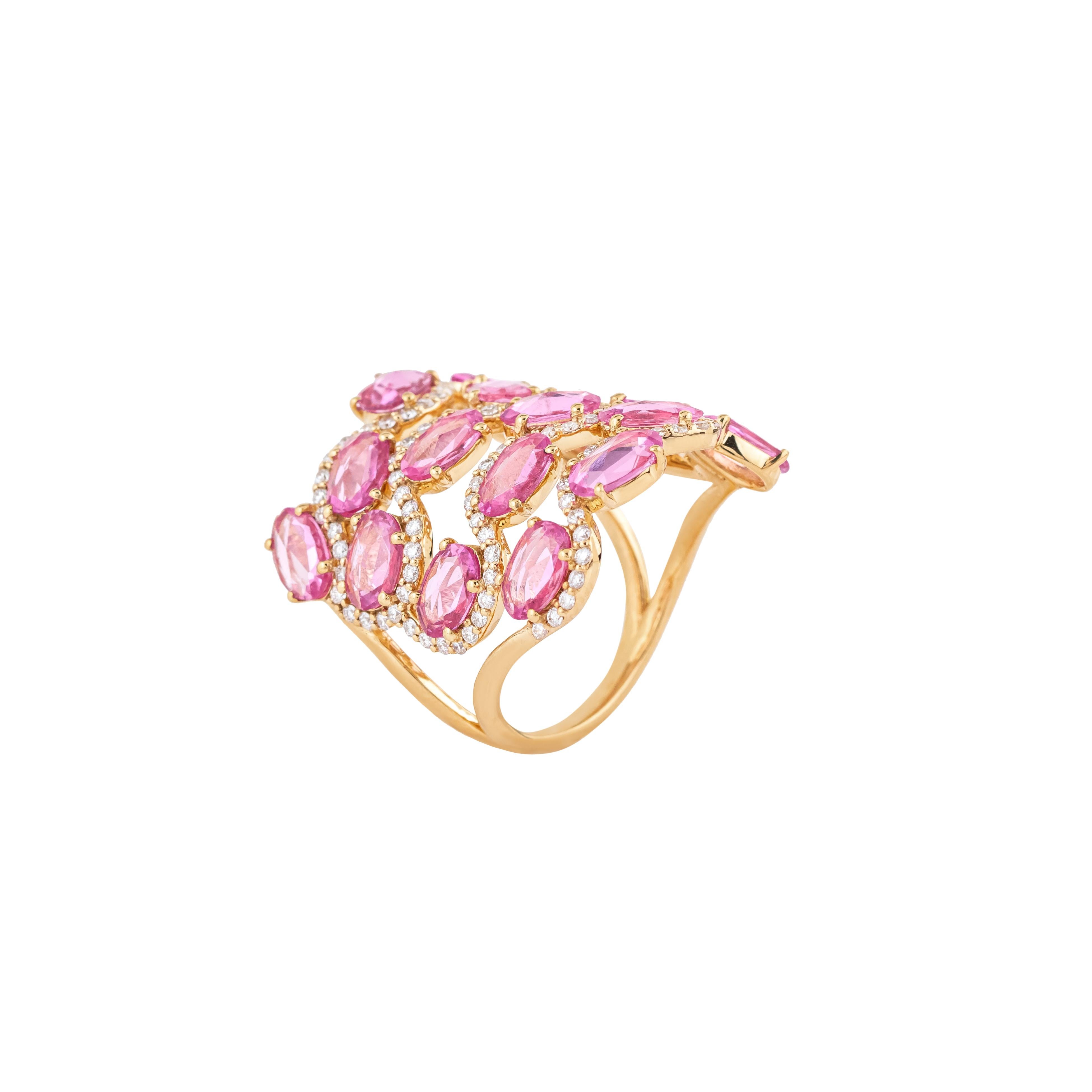 Bague fantaisie en or 18 carats avec diamants de 6,1 carats et saphirs roses Pour femmes en vente