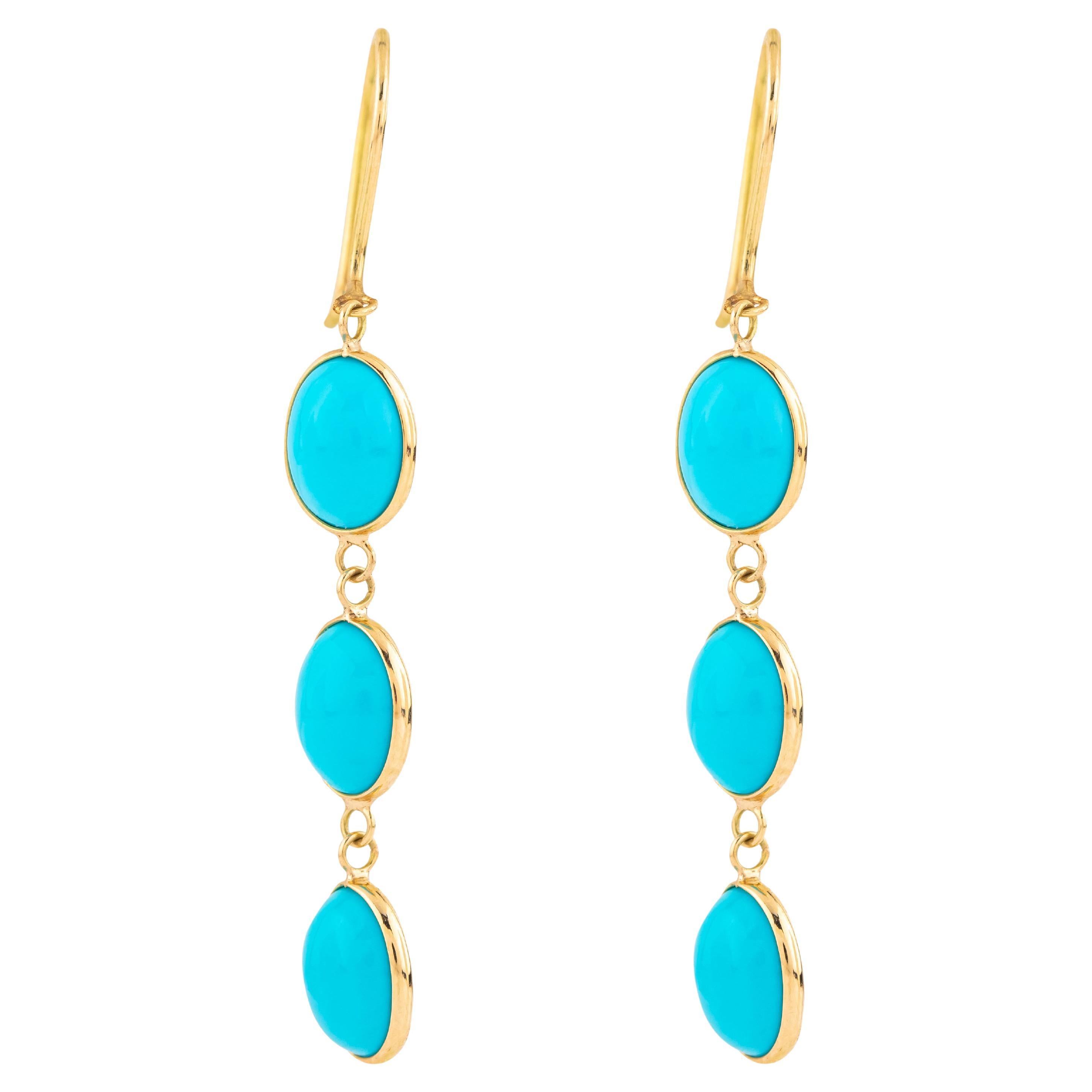 18 Karat Gold 6.1 Carat Turquoise Dangle Earrings For Sale