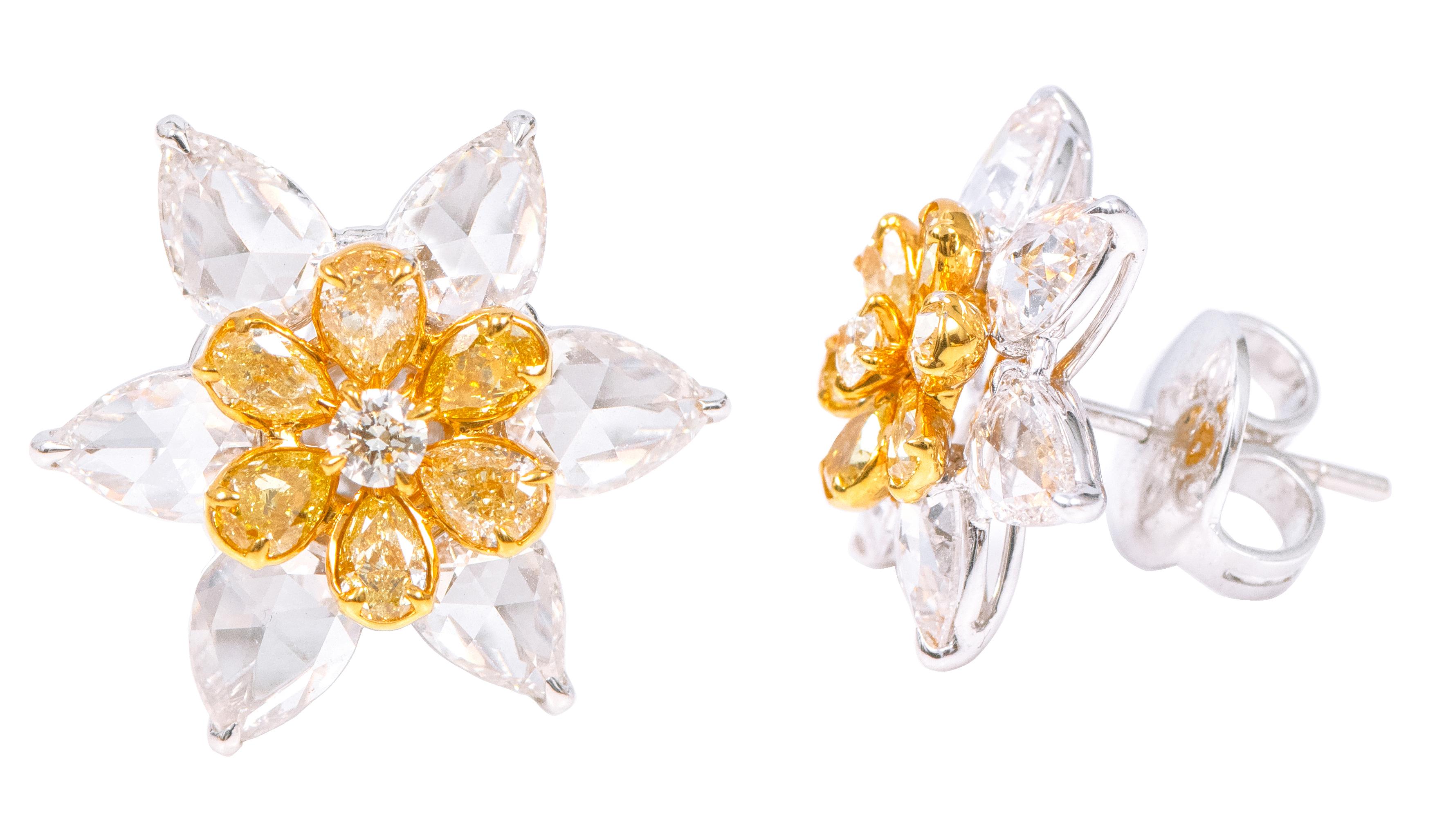 Rose Cut 18 Karat Gold 6.12 Carat Yellow Diamond and White Diamond Flower Stud Earrings For Sale