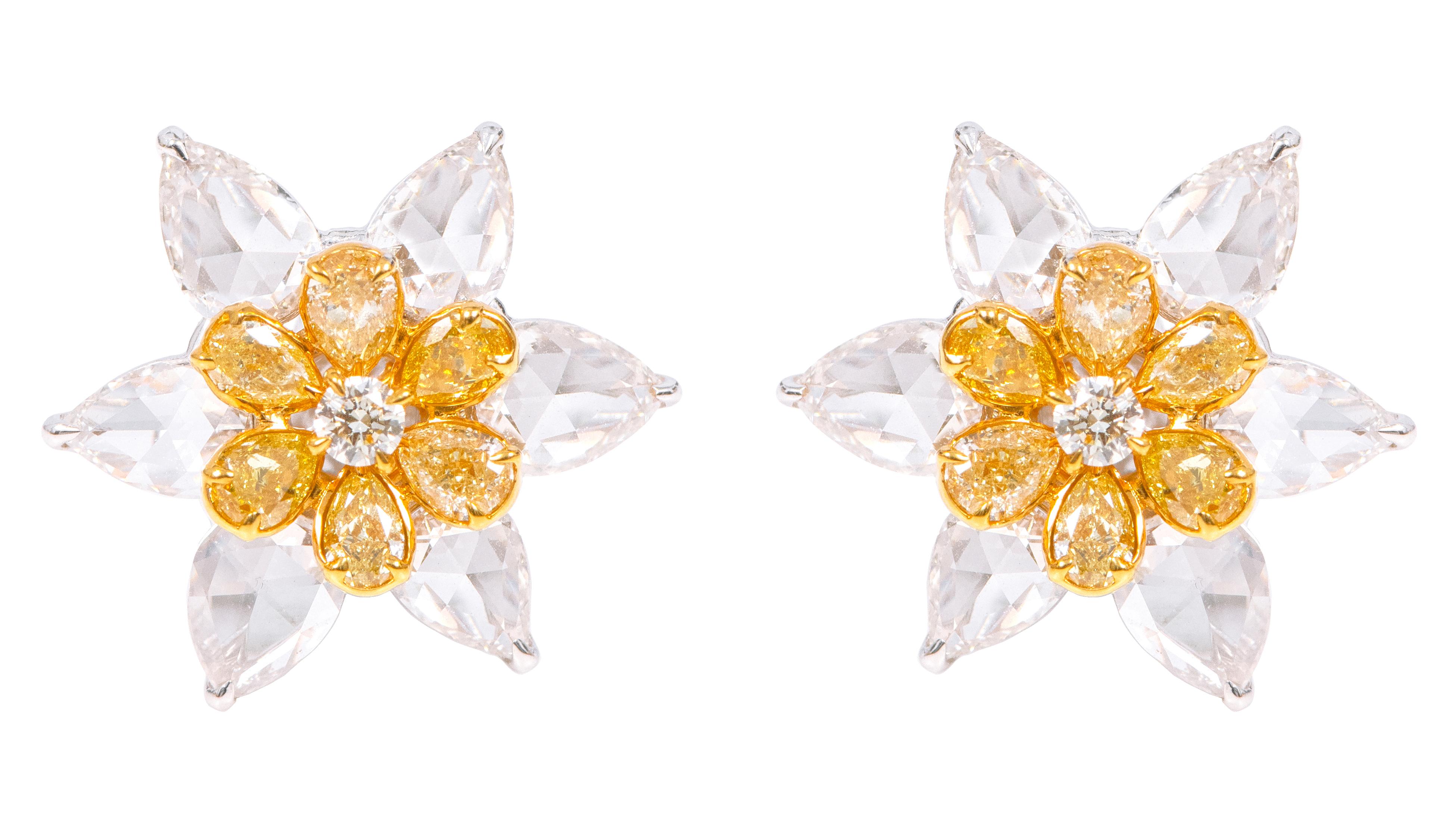 Women's 18 Karat Gold 6.12 Carat Yellow Diamond and White Diamond Flower Stud Earrings For Sale