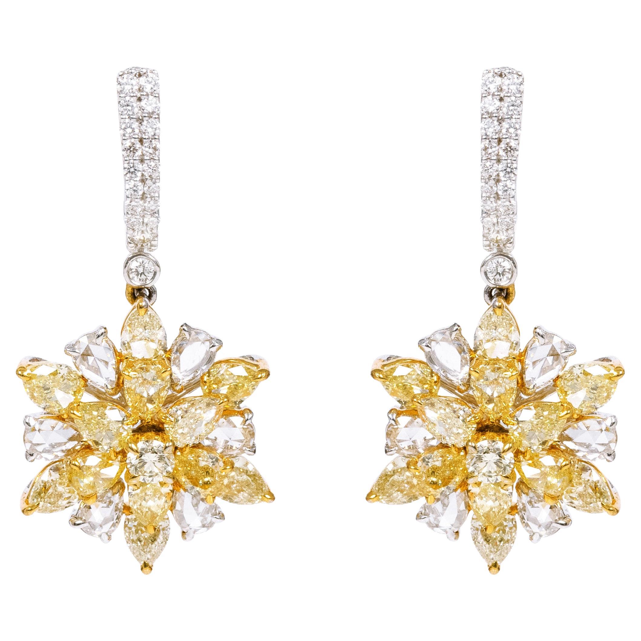 18 Karat Gold 6.18 Carats Yellow and White Diamond Dangle Cocktail Earrings