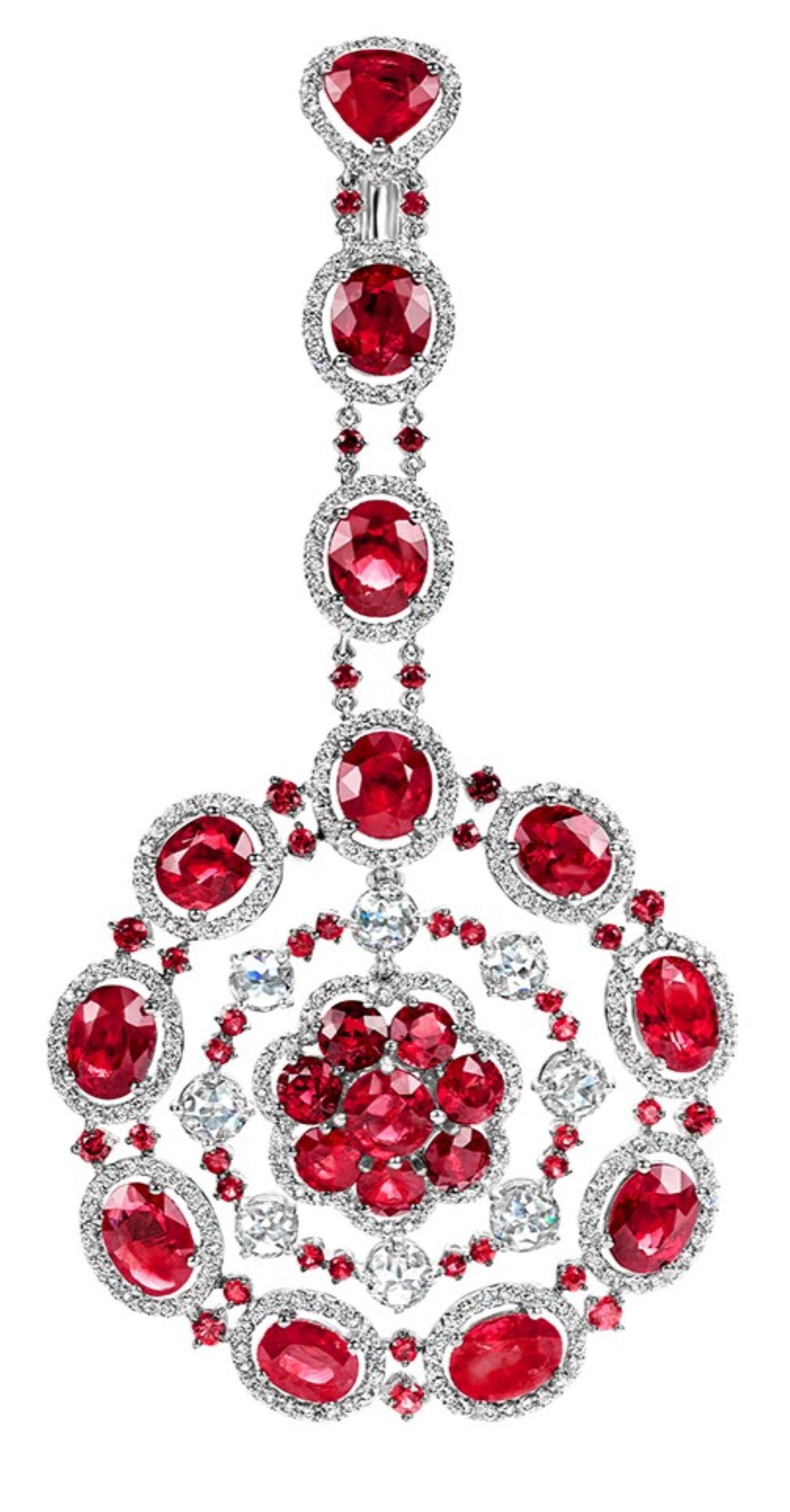 18 Kt Gold 62.15 Ct Ruby & 5.93 Ct Diamonds Dangle Earrings 

Amazing One Of A Kind Piece Of Art

Rubies : 62.15 Ct
Diamonds : 5.93 Ct Rose Cut & Brilliant Cut
