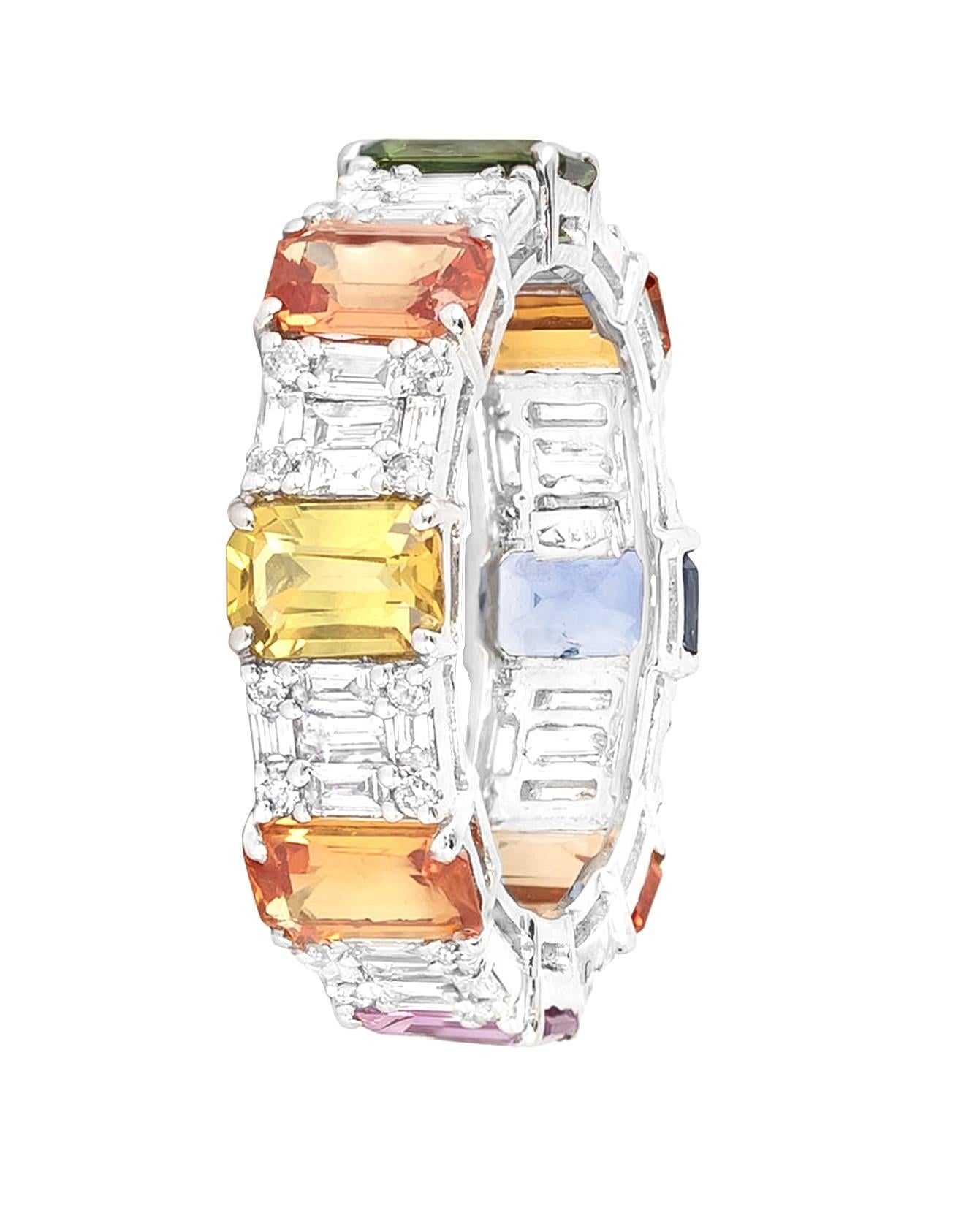 Modern 18 Karat Gold 6.46 Carat Diamond and Multi-Sapphire Eternity Cocktail Ring For Sale