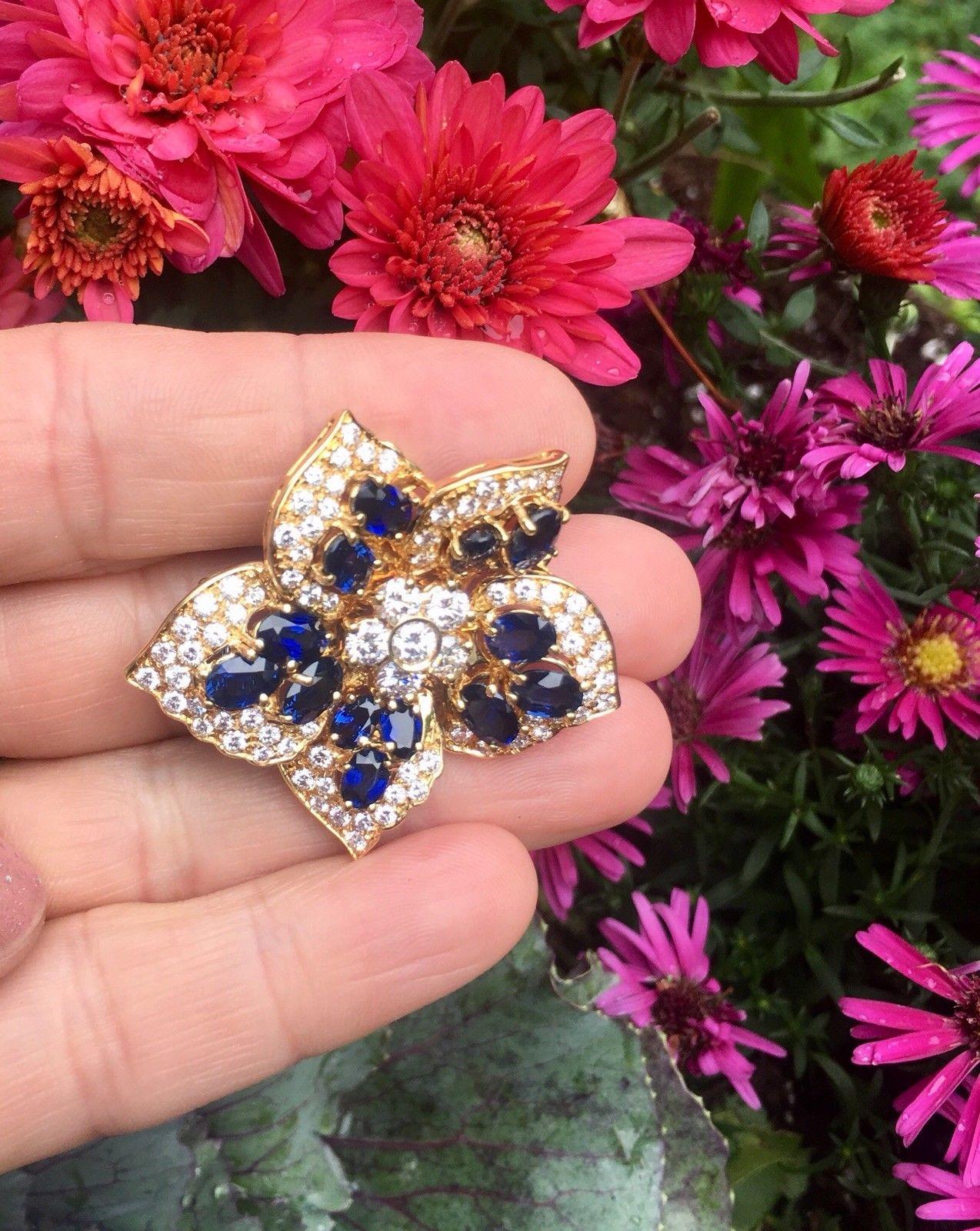 18 Karat Gold 6.50 Carat Sapphire VS Diamond Brooch Necklace Pendant 4