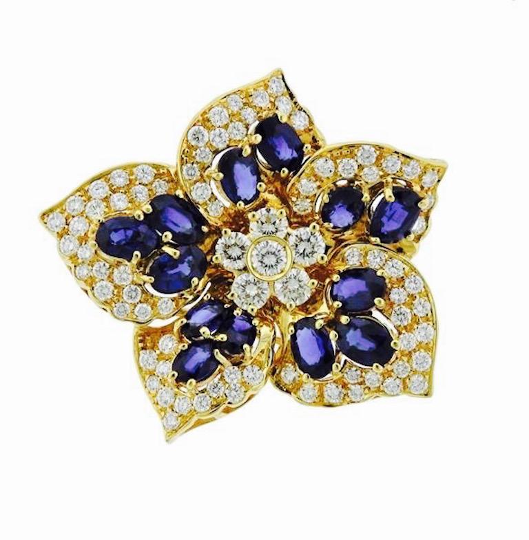 Round Cut 18 Karat Gold 6.50 Carat Sapphire VS Diamond Brooch Necklace Pendant
