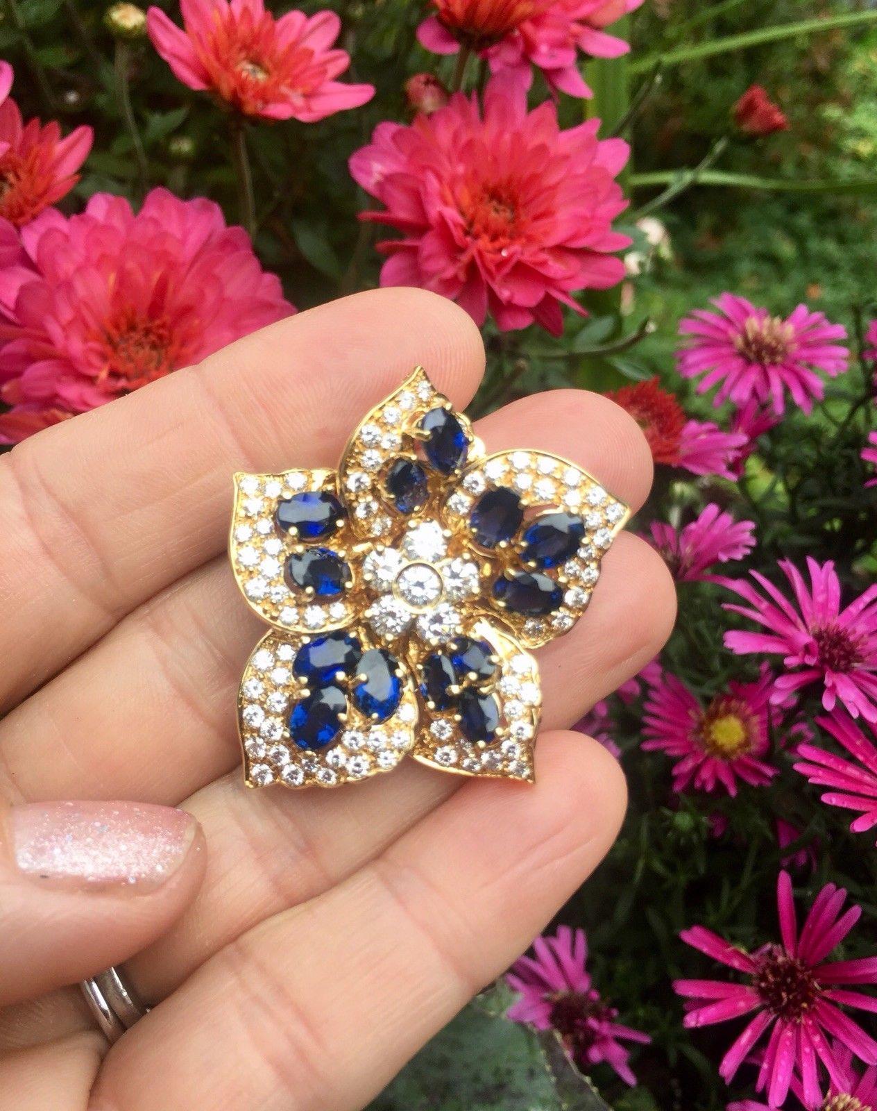 18 Karat Gold 6.50 Carat Sapphire VS Diamond Brooch Necklace Pendant 3