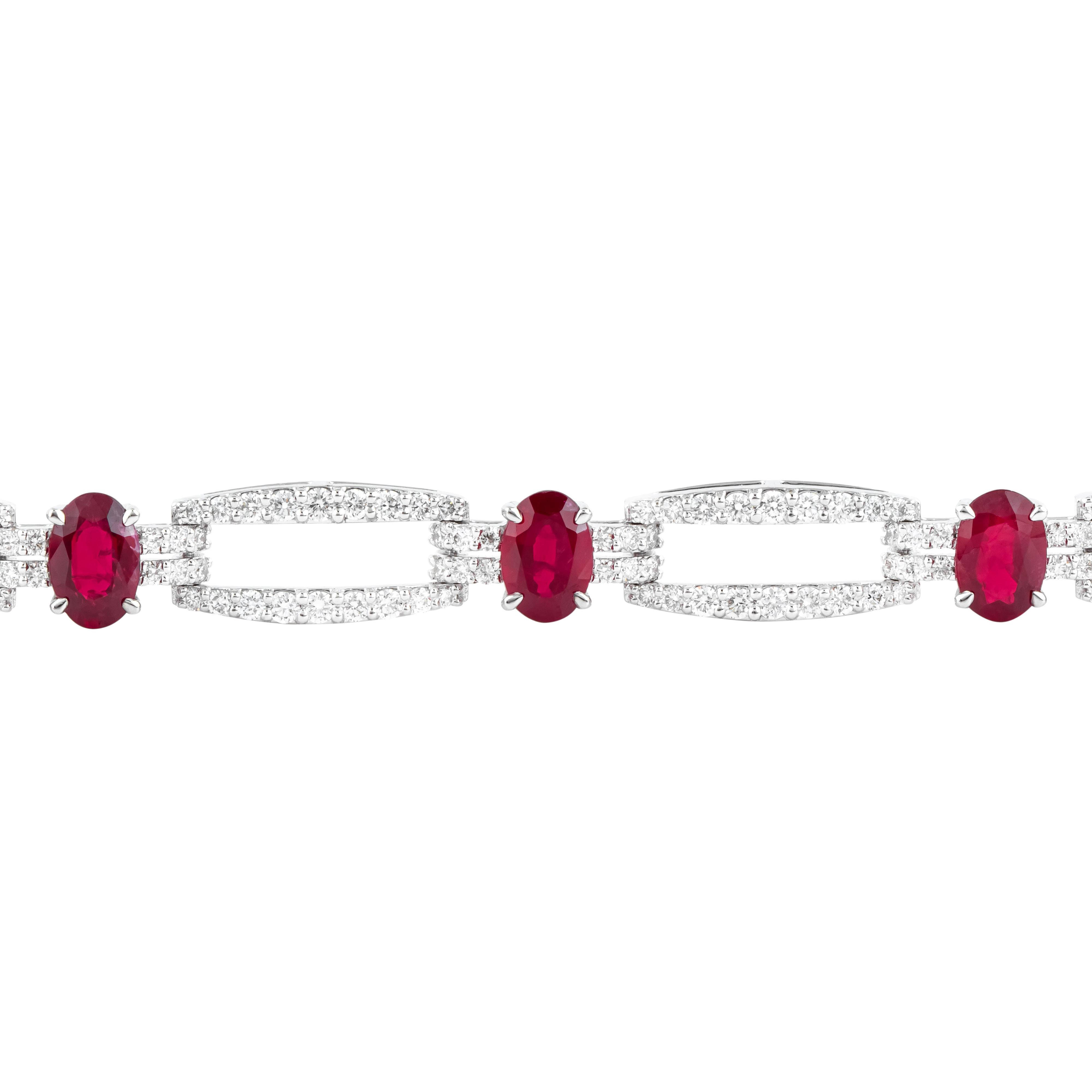 Modern 18 Karat Gold 6.63 Carat Ruby and Diamond Tennis Bracelet For Sale