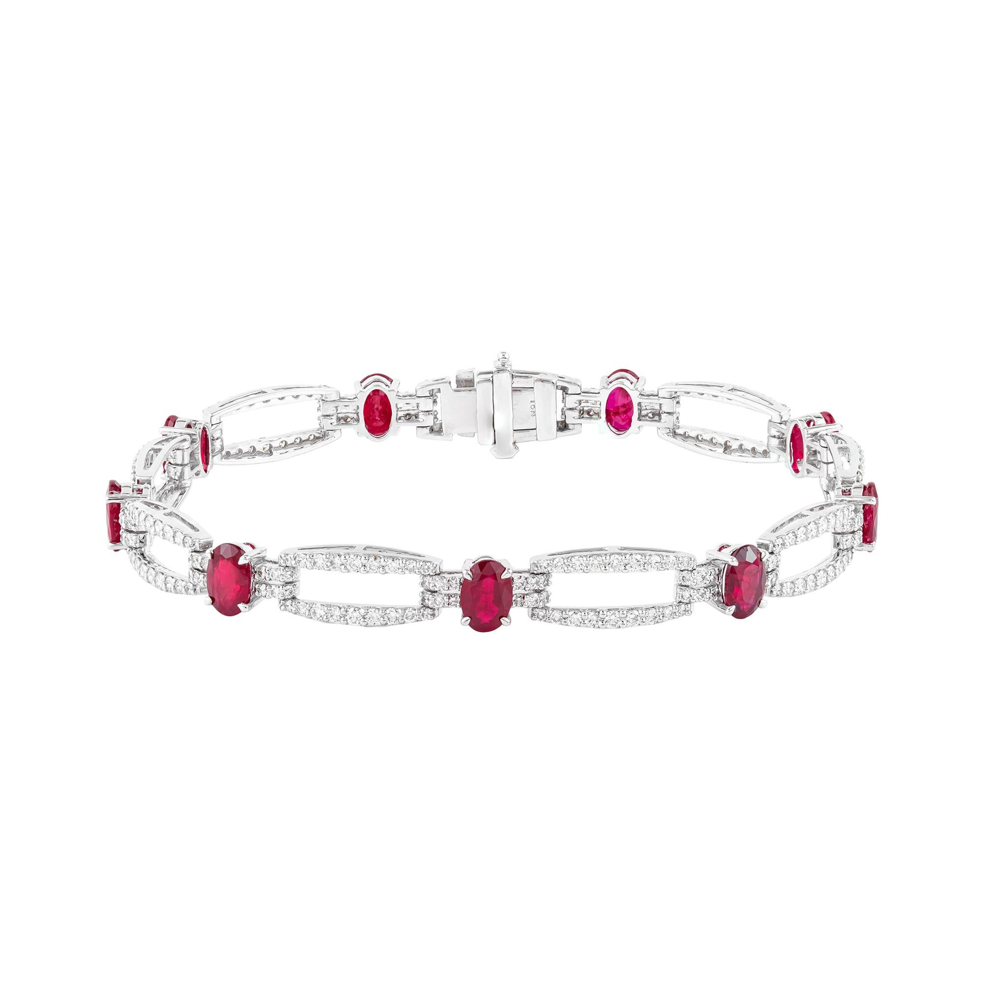 Women's 18 Karat Gold 6.63 Carat Ruby and Diamond Tennis Bracelet For Sale