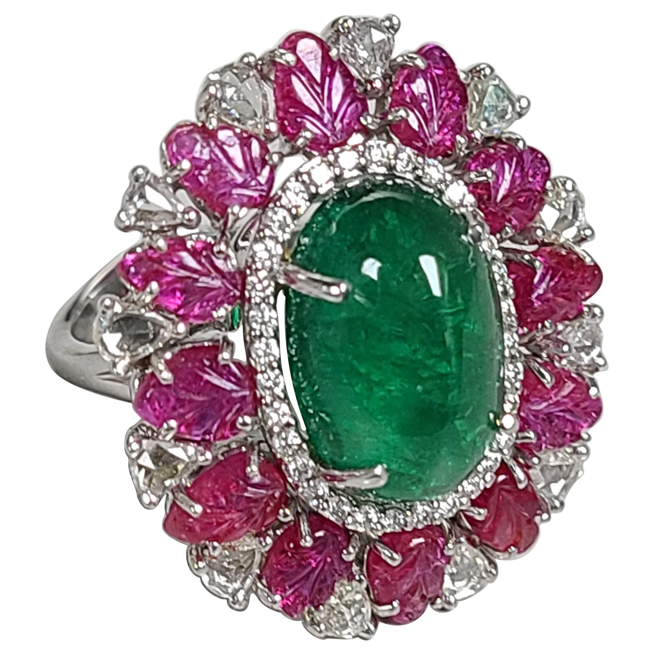 18 Karat Gold 6.82 Carat Emerald Cabochon and 3.83 Carat Natural Ruby Leaves