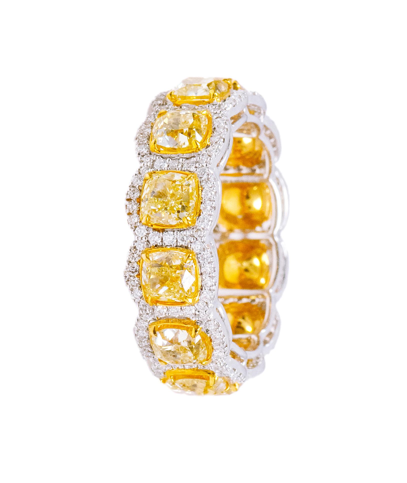Cushion Cut 18 Karat Gold 6.84 Carat Fancy Yellow and Diamond Eternity Band Ring For Sale