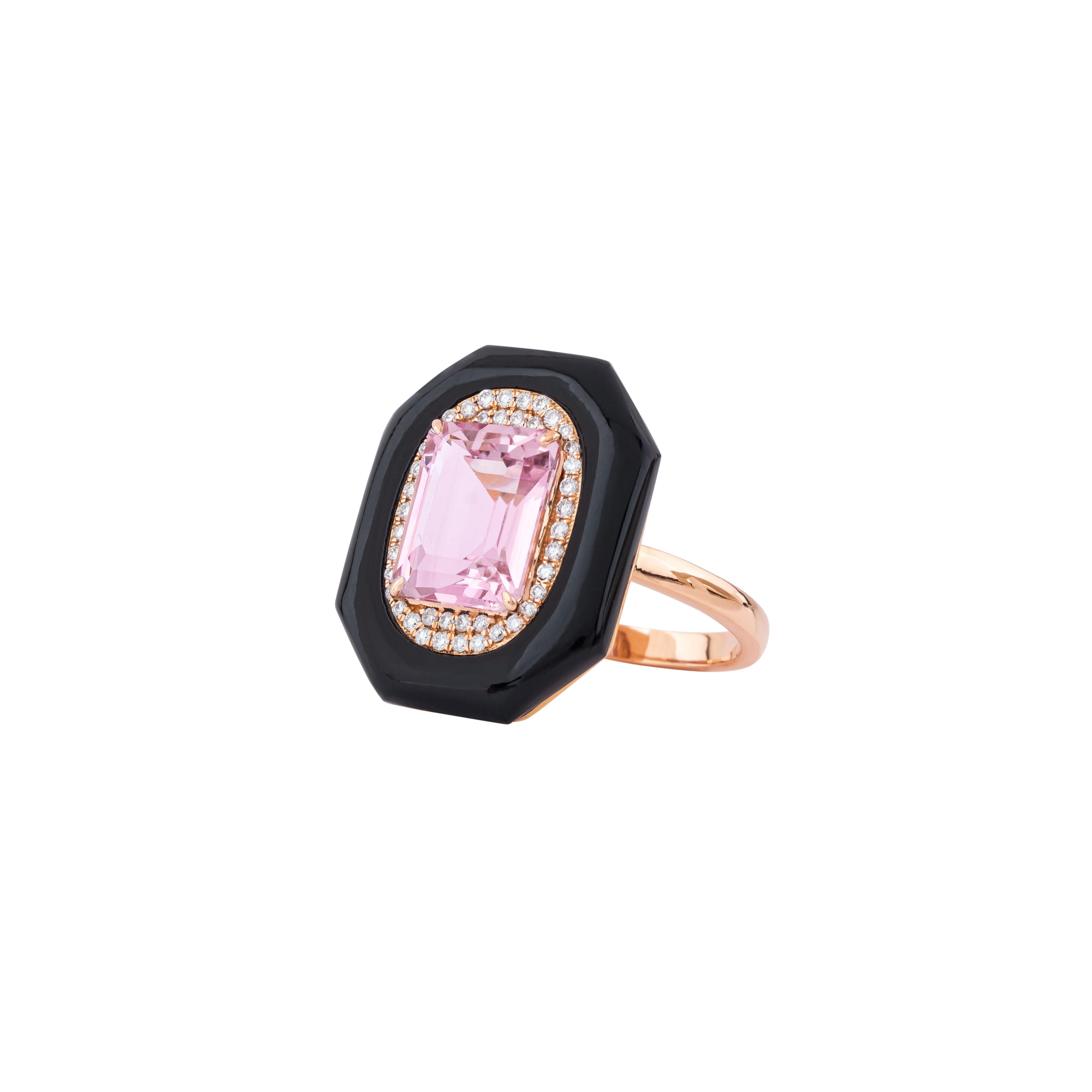 Contemporary 18 Karat Gold 7.03 Carat Diamond, Black Onyx and Morganite Solitaire Ring For Sale