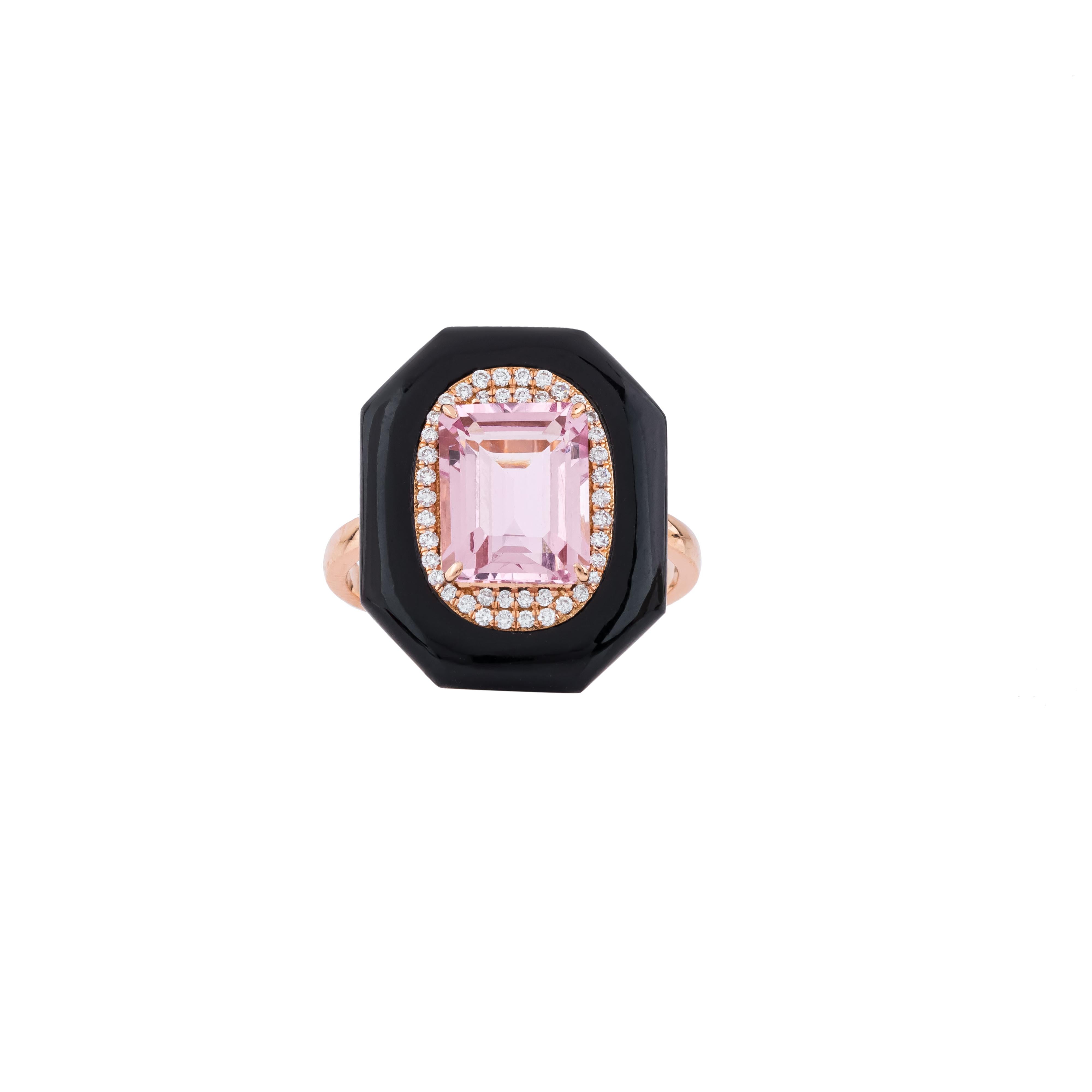 Women's 18 Karat Gold 7.03 Carat Diamond, Black Onyx and Morganite Solitaire Ring For Sale