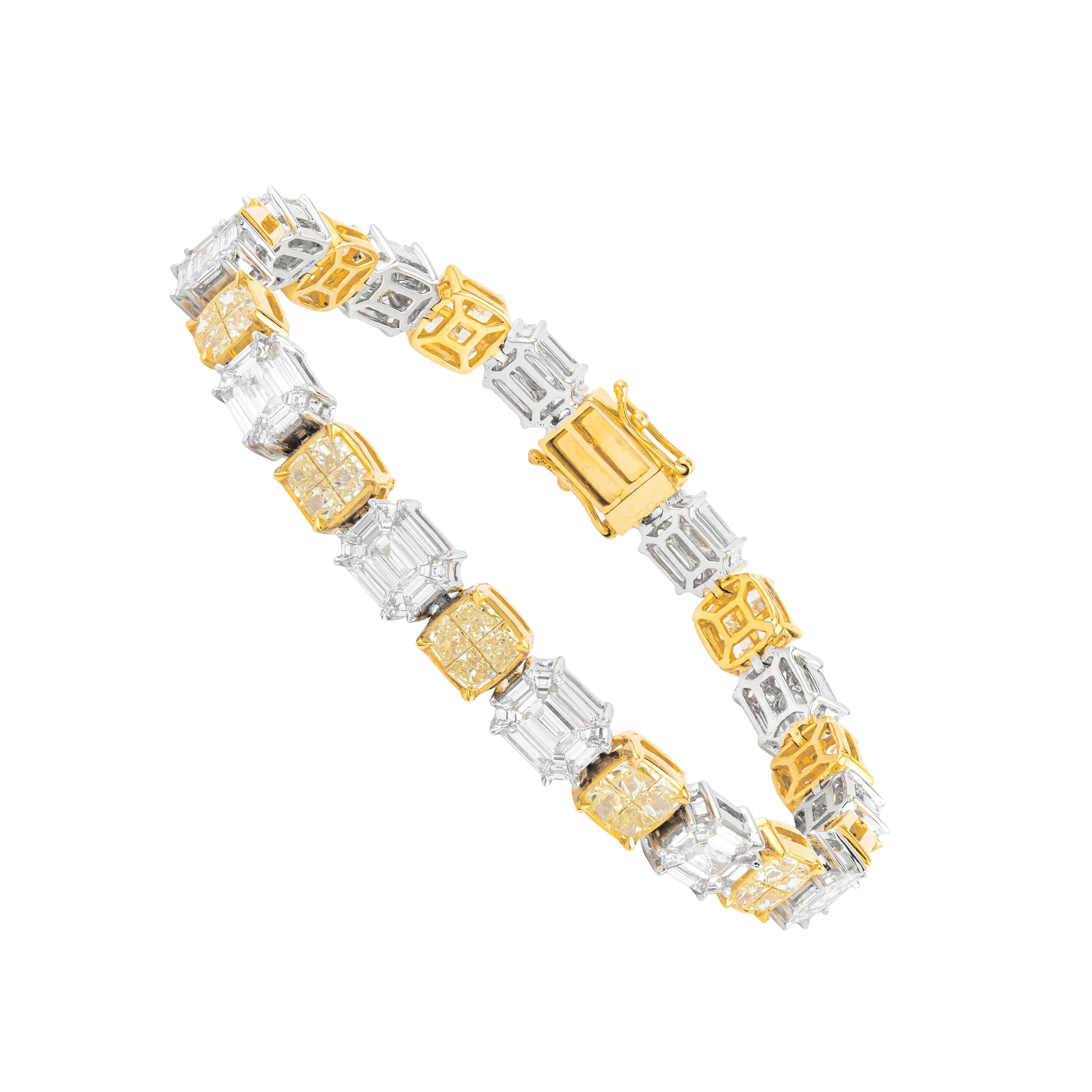 Dieses opulent schimmernde Tennisarmband aus 18 Karat Gold zeugt von außergewöhnlicher Handwerkskunst. Sein Herzstück ist ein 7,1-karätiger gelber Diamant, der mit seiner unvergleichlichen Brillanz die Aufmerksamkeit auf sich zieht. Ergänzt wird