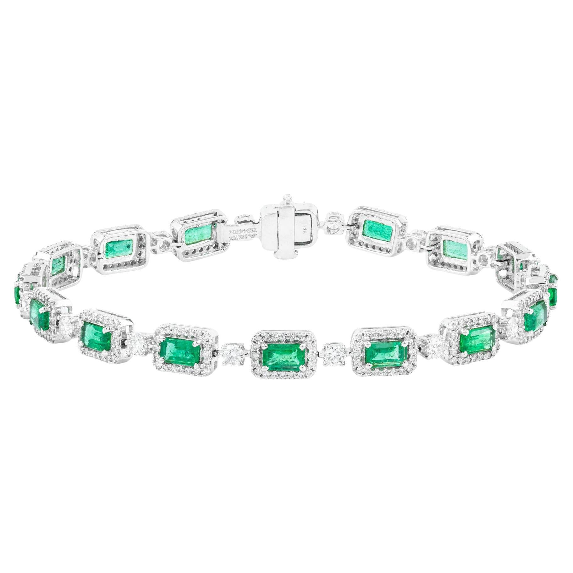 Bracciale tennis in oro 18 carati con smeraldo e diamante da 7,22 carati